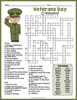 VETERANS DAY Crossword Puzzle Worksheet Activity By Puzzles To Print