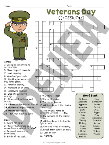 Veterans Day Crossword Puzzles Free Printables Worksheets Word Searches