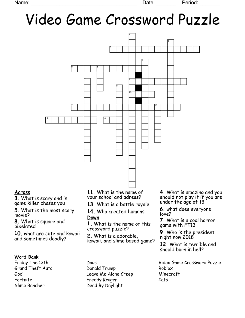 Video Game Crossword Puzzle WordMint