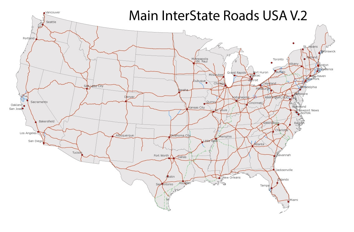 02 US Interstate Roads Free Vector Map US Interstate Roads Adobe Illustrator PDF V 2 Maps In Vector Detailed Street Maps Illustrator PDF CorelDRAW EPS DWG DXF