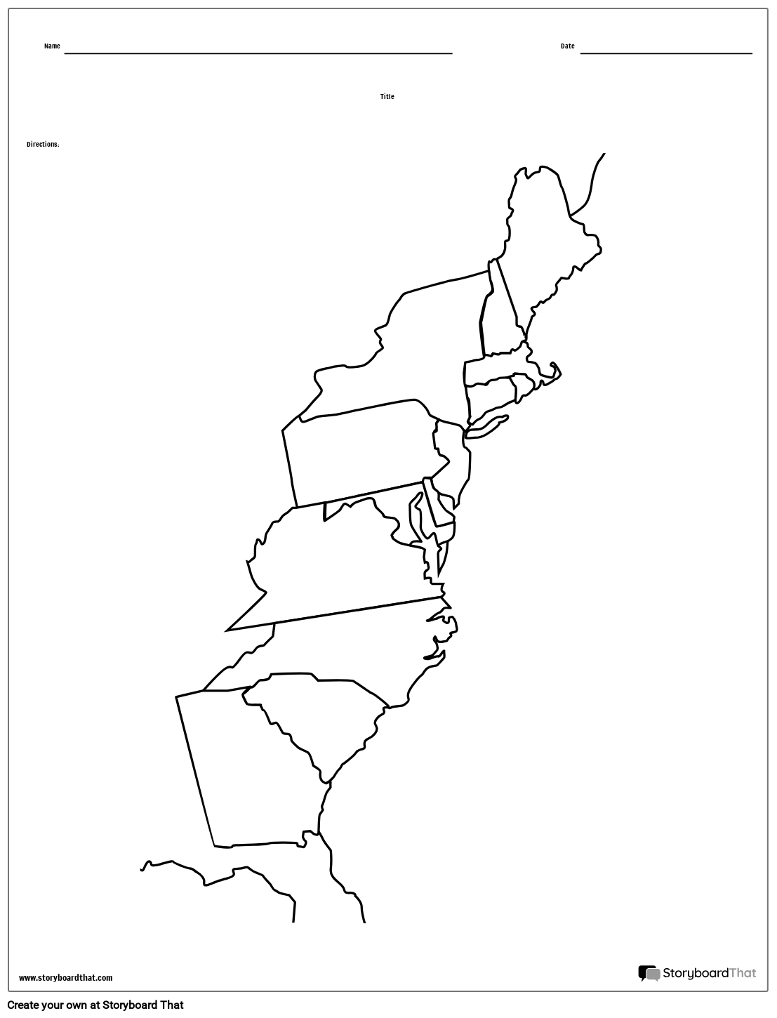 13 Colonies Map Black And White Blank Storyboard