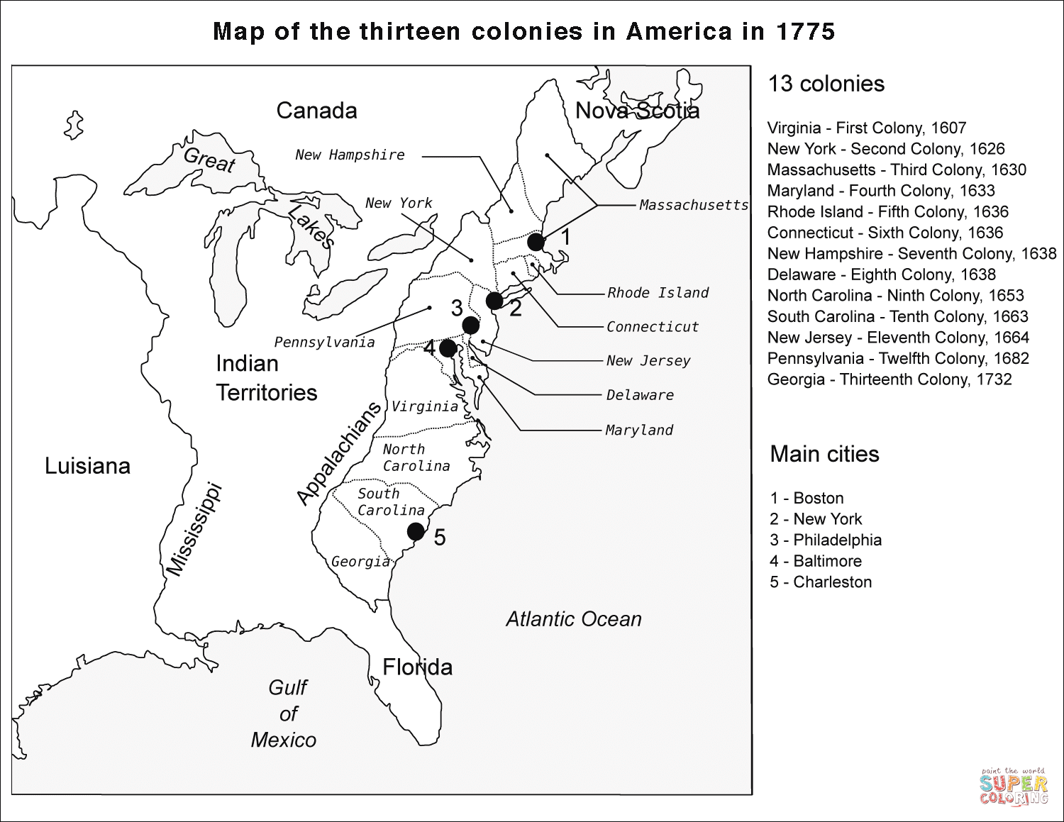 13 Colonies Map Coloring Page Free Printable