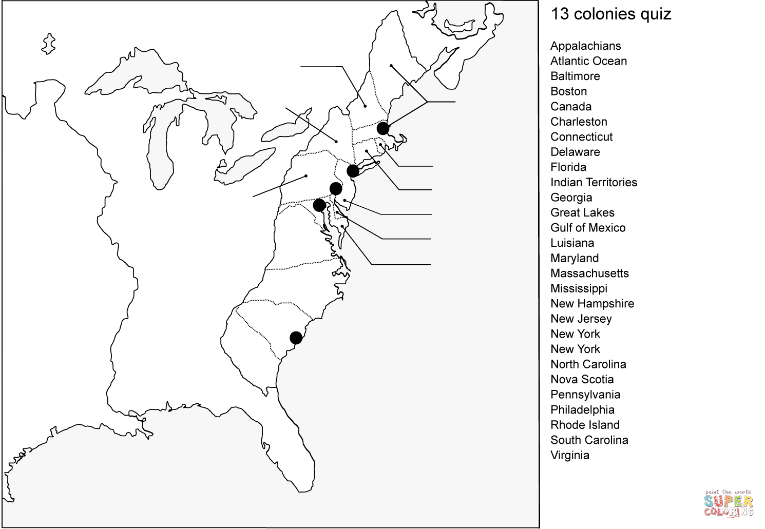 13 Colonies Map Quiz Coloring Page Free Printable