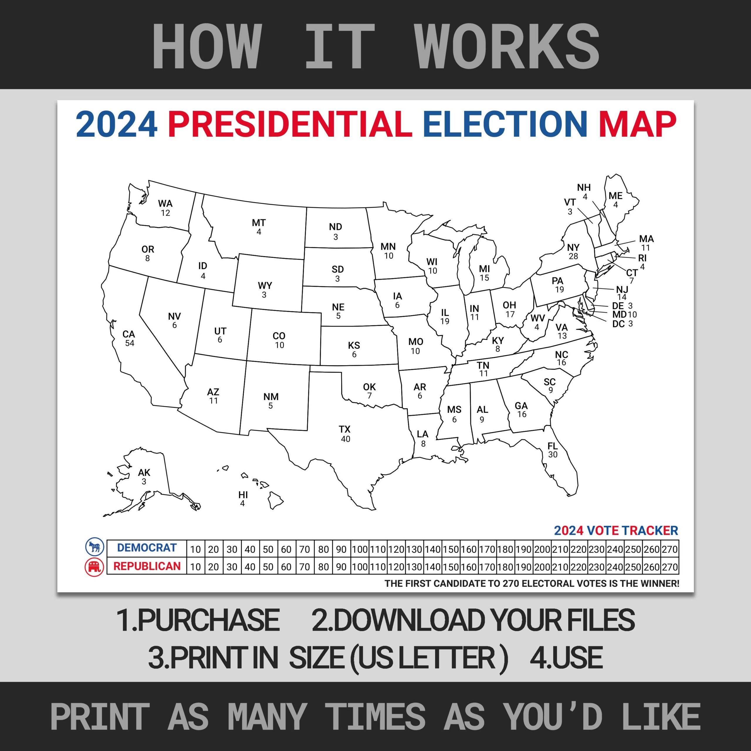 2024 Presidential Election Map Electoral College Map For Election Night Electoral Map For Election Results Election Watch Party Game Etsy Norway