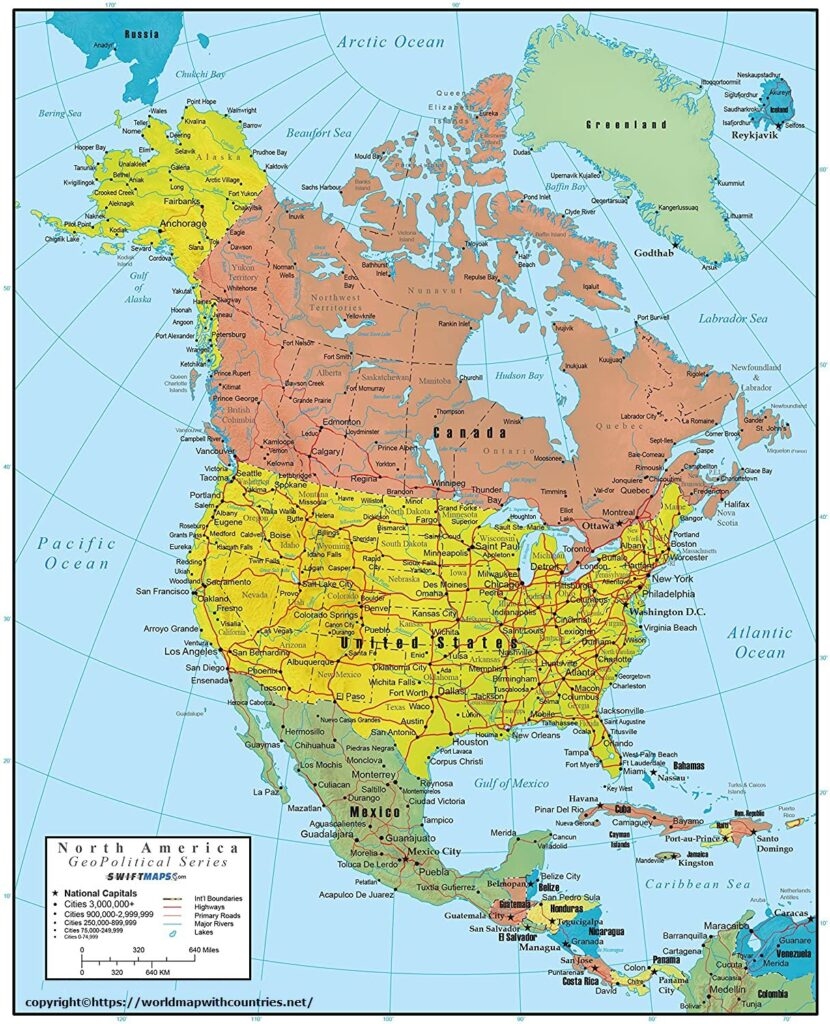 4 Free Political Printable Map Of North America With Countries In PDF