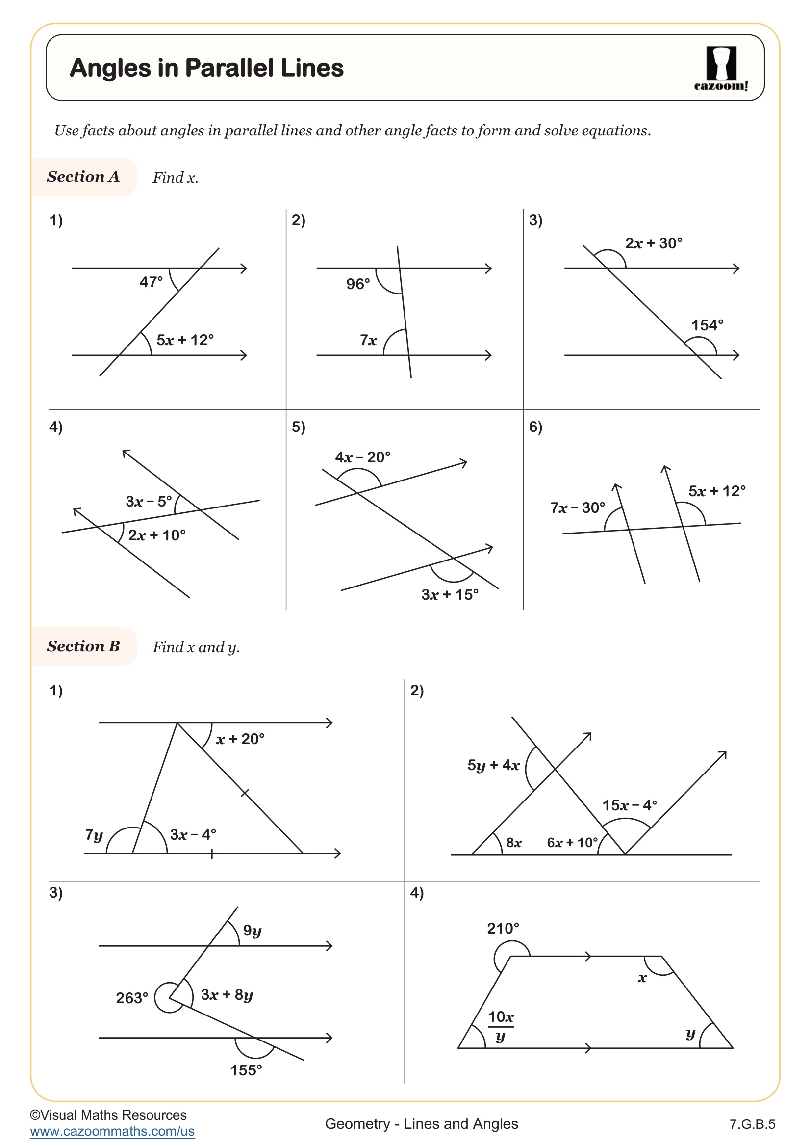 Algebraic Angles In Parallel Lines Worksheet Fun And Engaging 7th Grade Geometry Worksheet