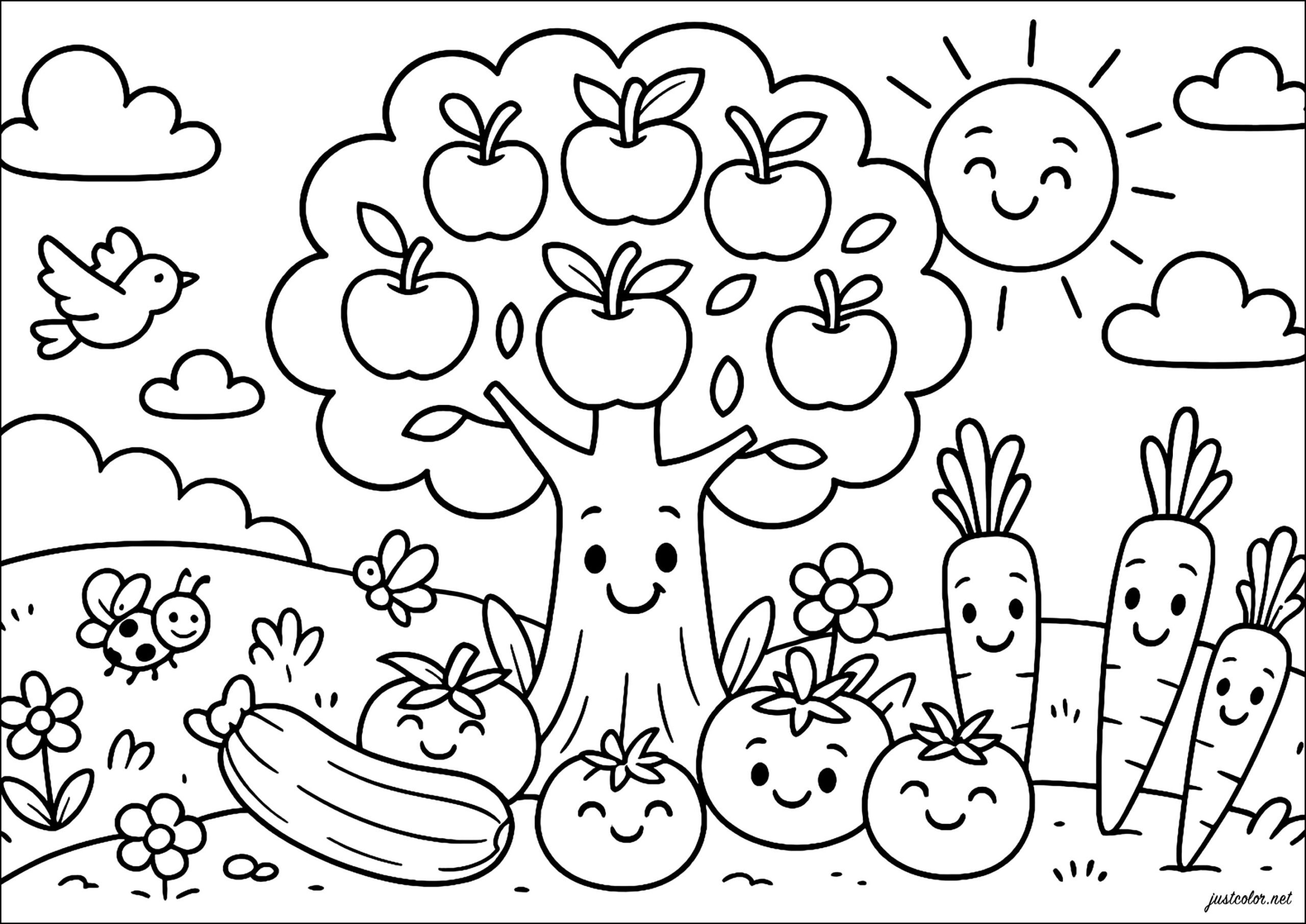 Apple Tree And His Vegetable Friends Fruits And Vegetables Coloring Pages