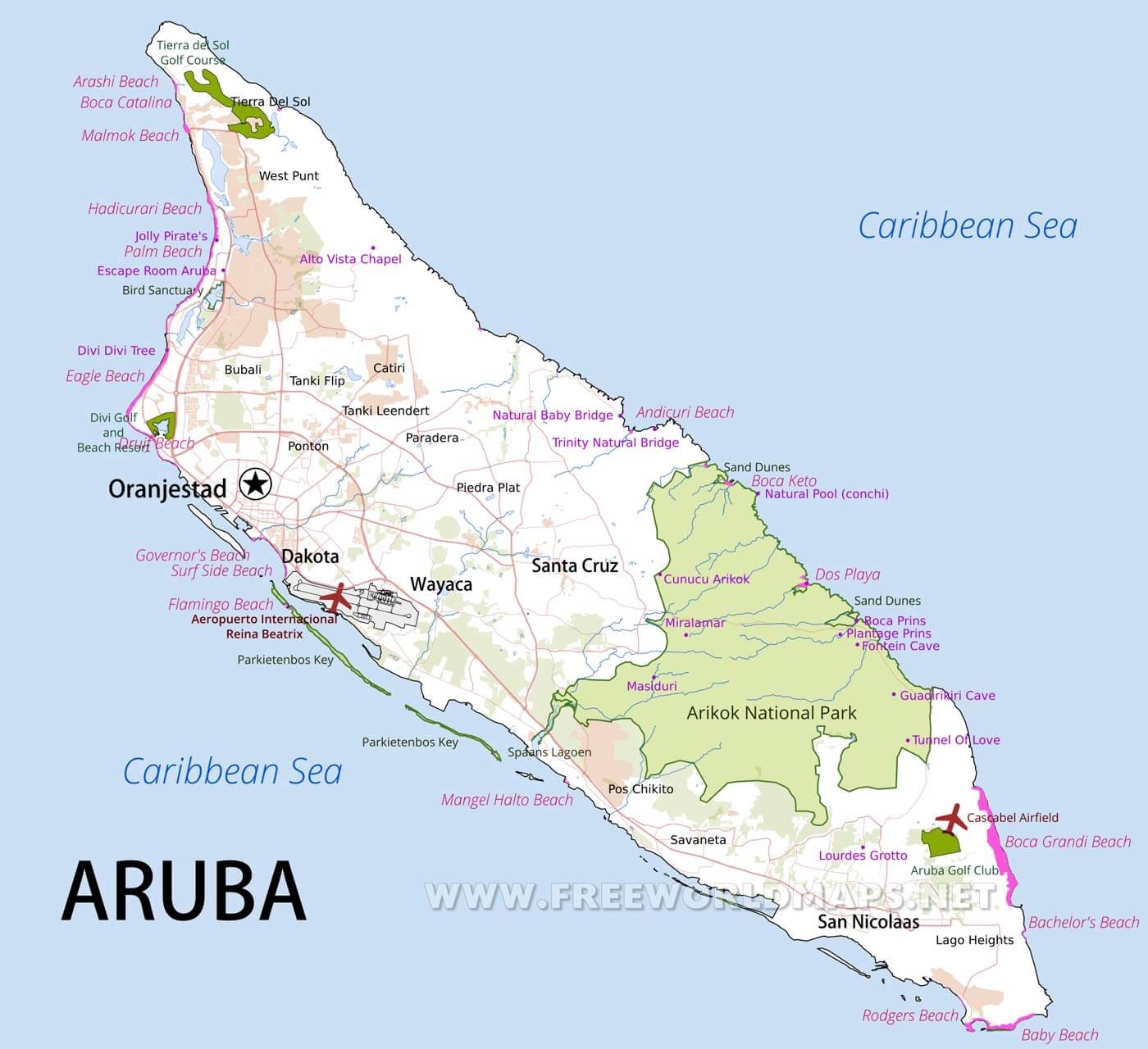 Aruba Map Geographical Features Of Aruba Of The Caribbean Freeworldmaps