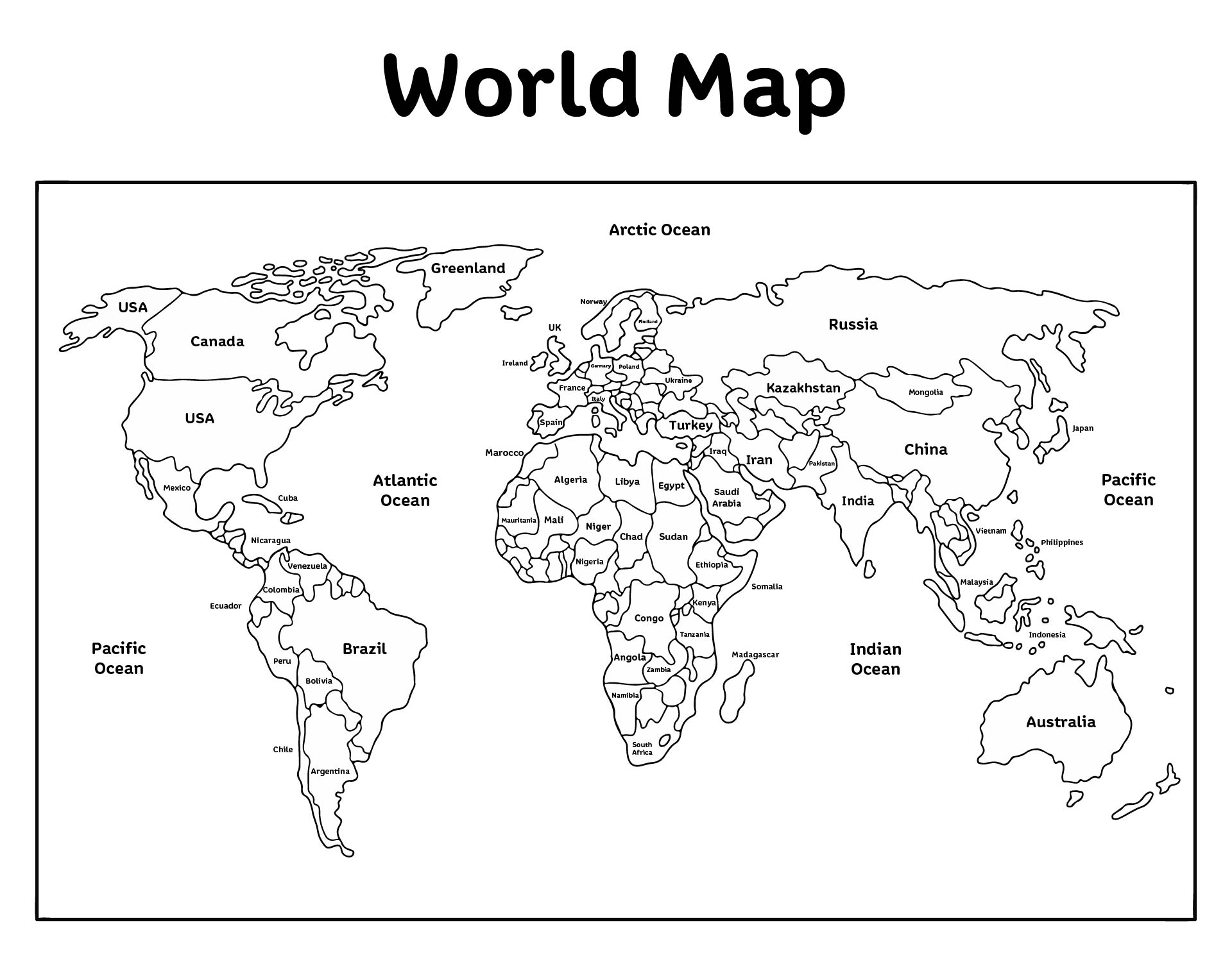 Black And White World Map 20 Free PDF Printables Printablee