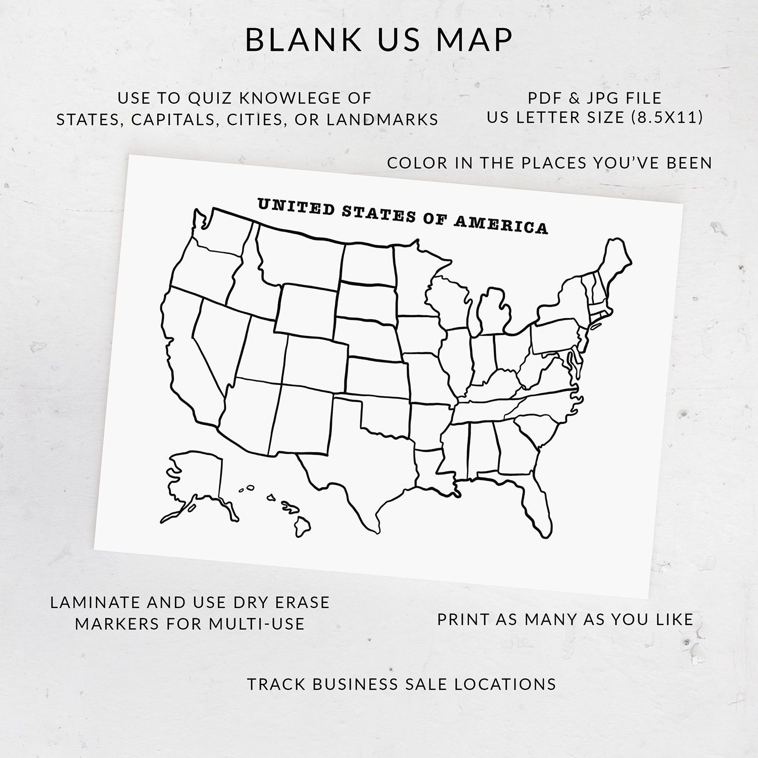 Blank USA State Map United States Geography Printable PDF JPG Etsy