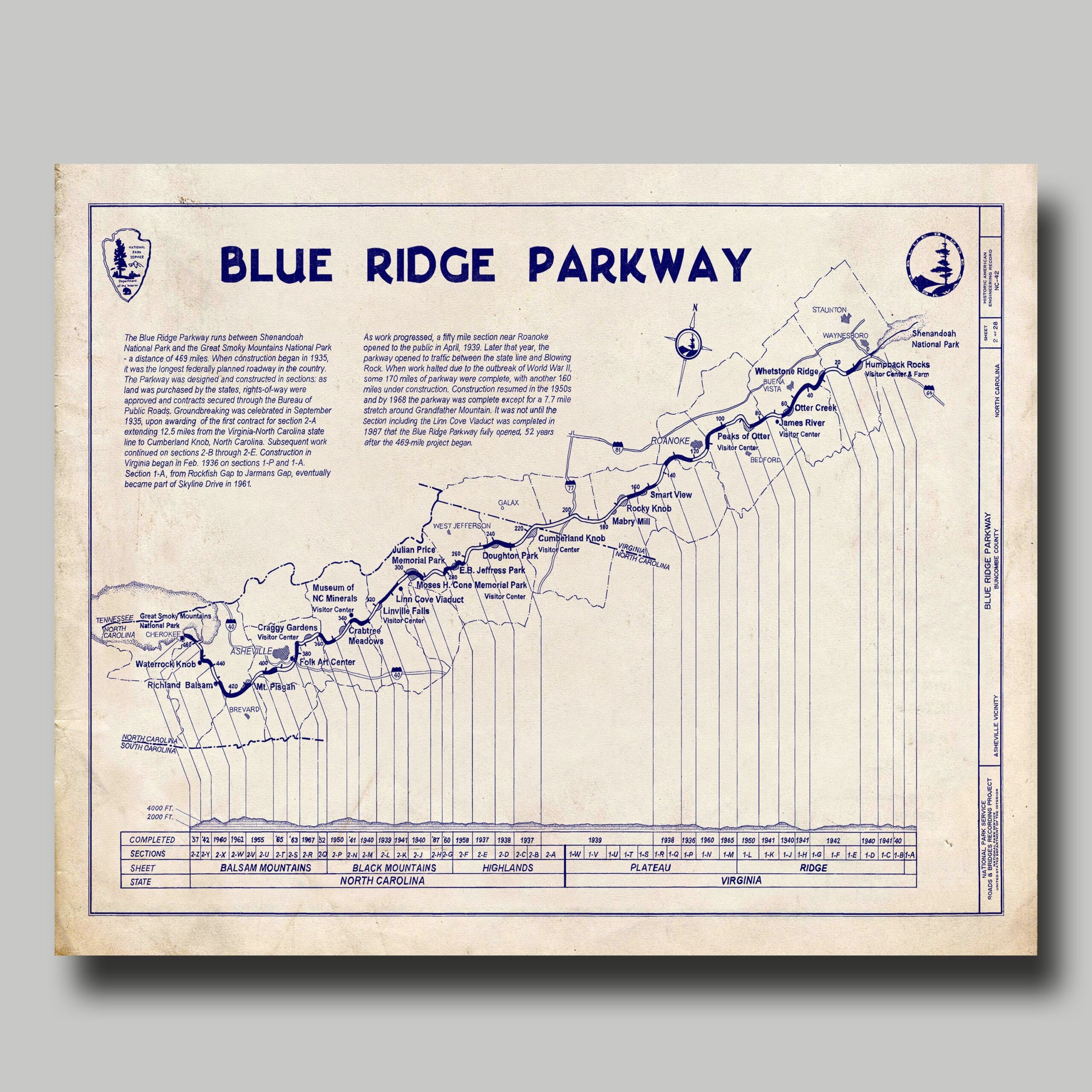 Blue Ridge Parkway Mountains Blueprint Vintage Highway Map Print Poster Grunge Etsy
