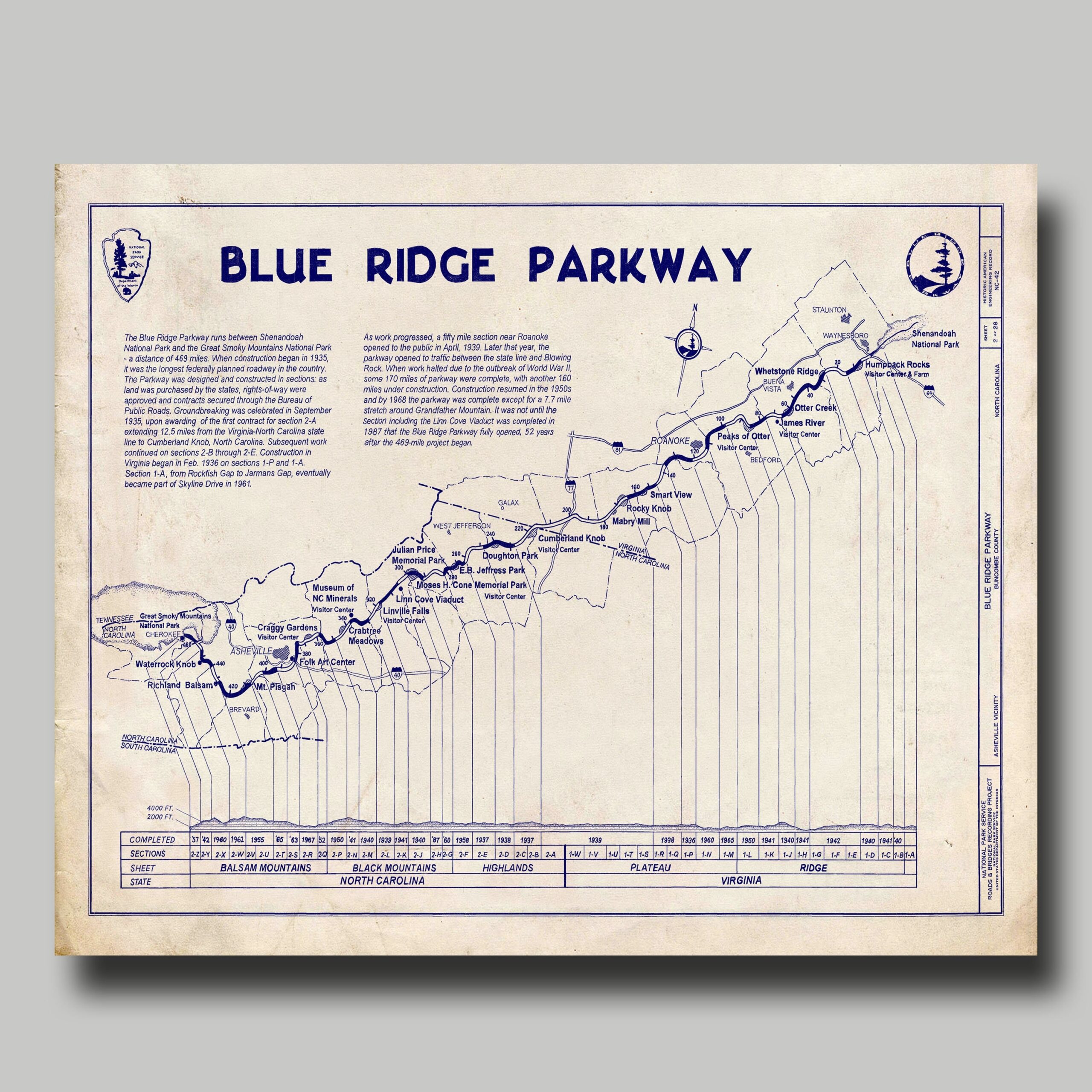 Blue Ridge Parkway Mountains Blueprint Vintage Highway Map Print Poster Grunge Etsy Israel