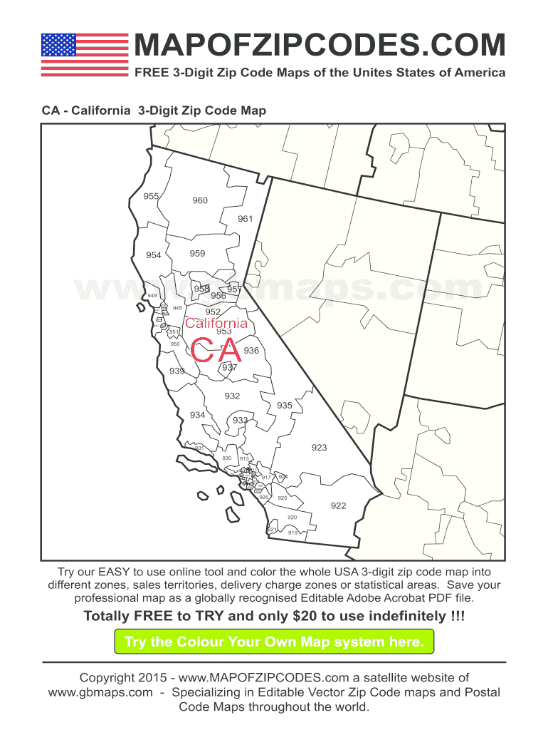 California 3 Digit Zip Code Map Fill Online Printable Fillable Blank PdfFiller