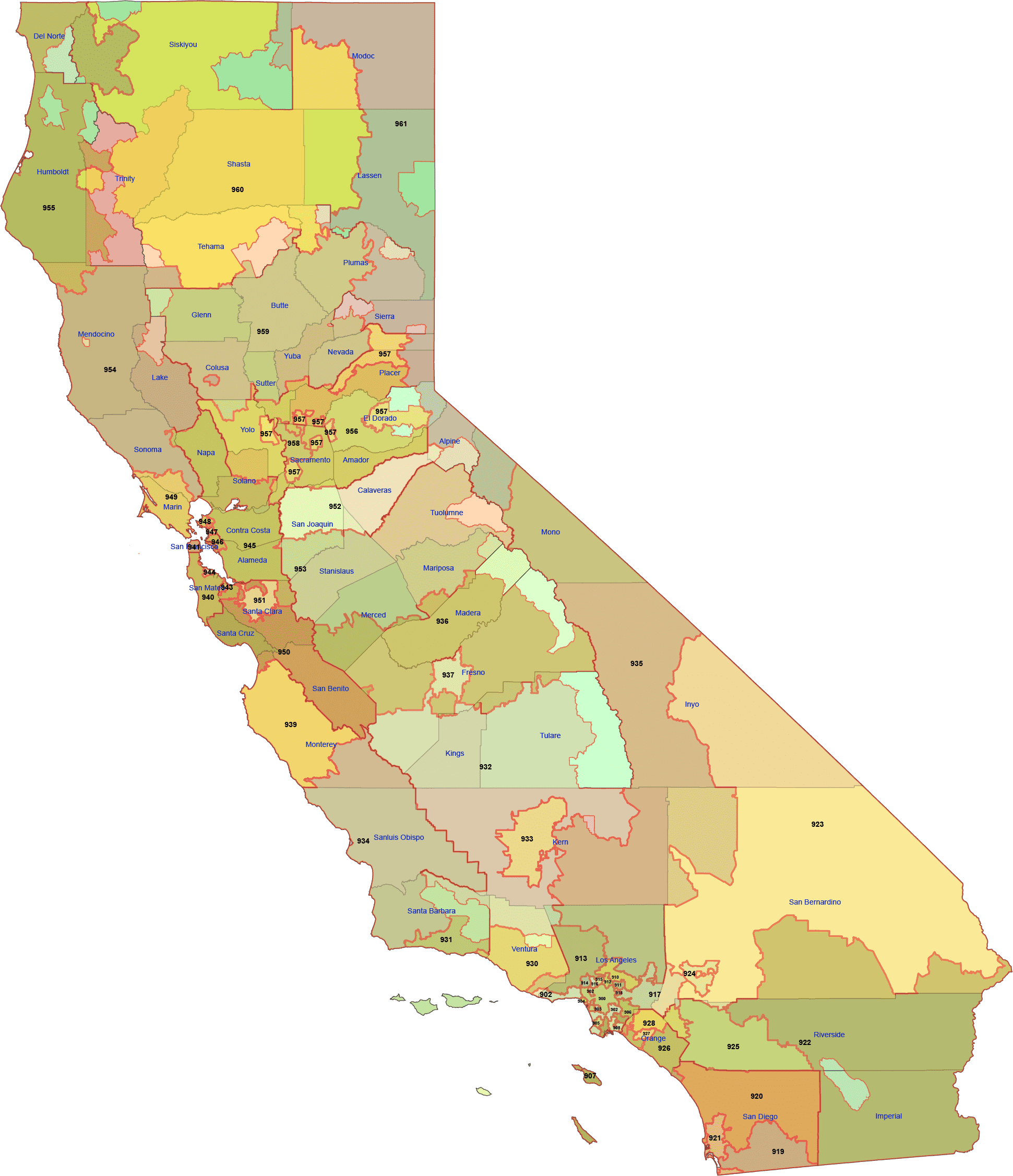 California 3 Digit ZIP Code Map With Counties