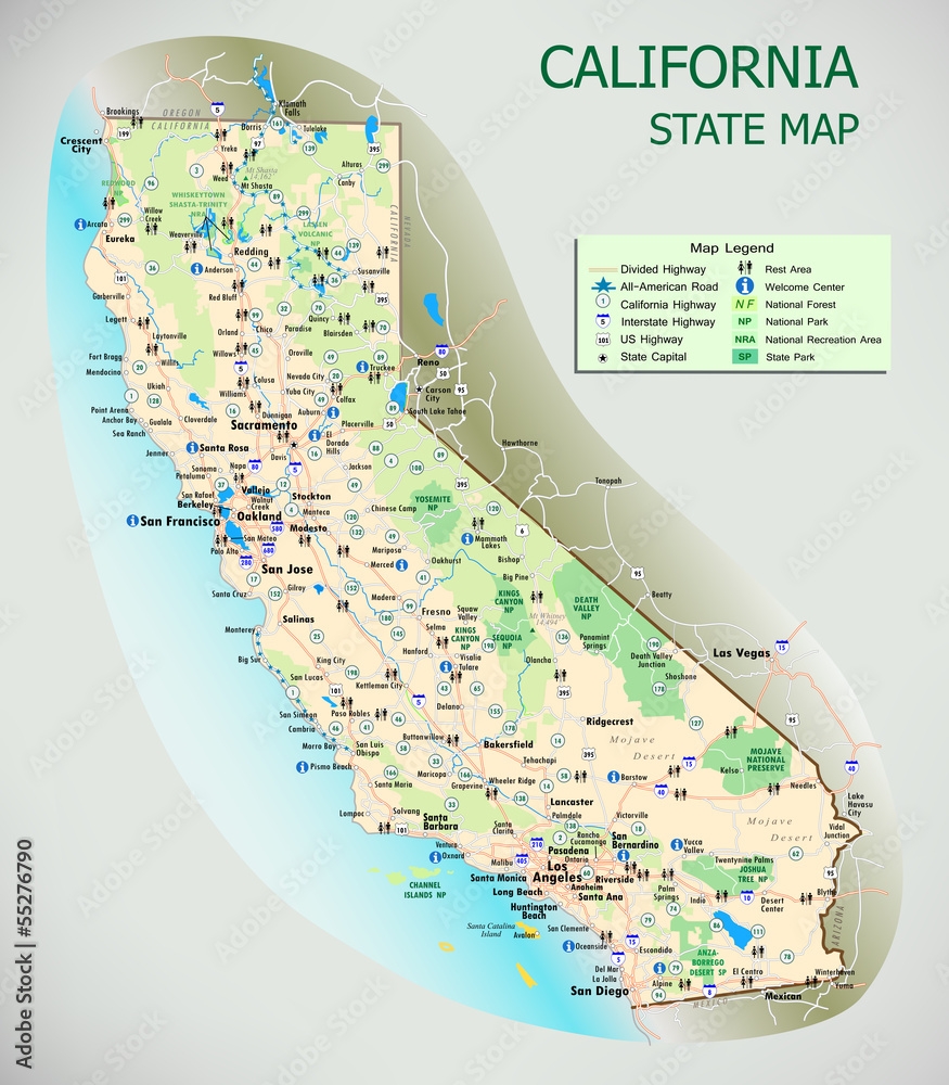 California State Map Roads Cities National Parks Tourist Stock Vector Adobe Stock