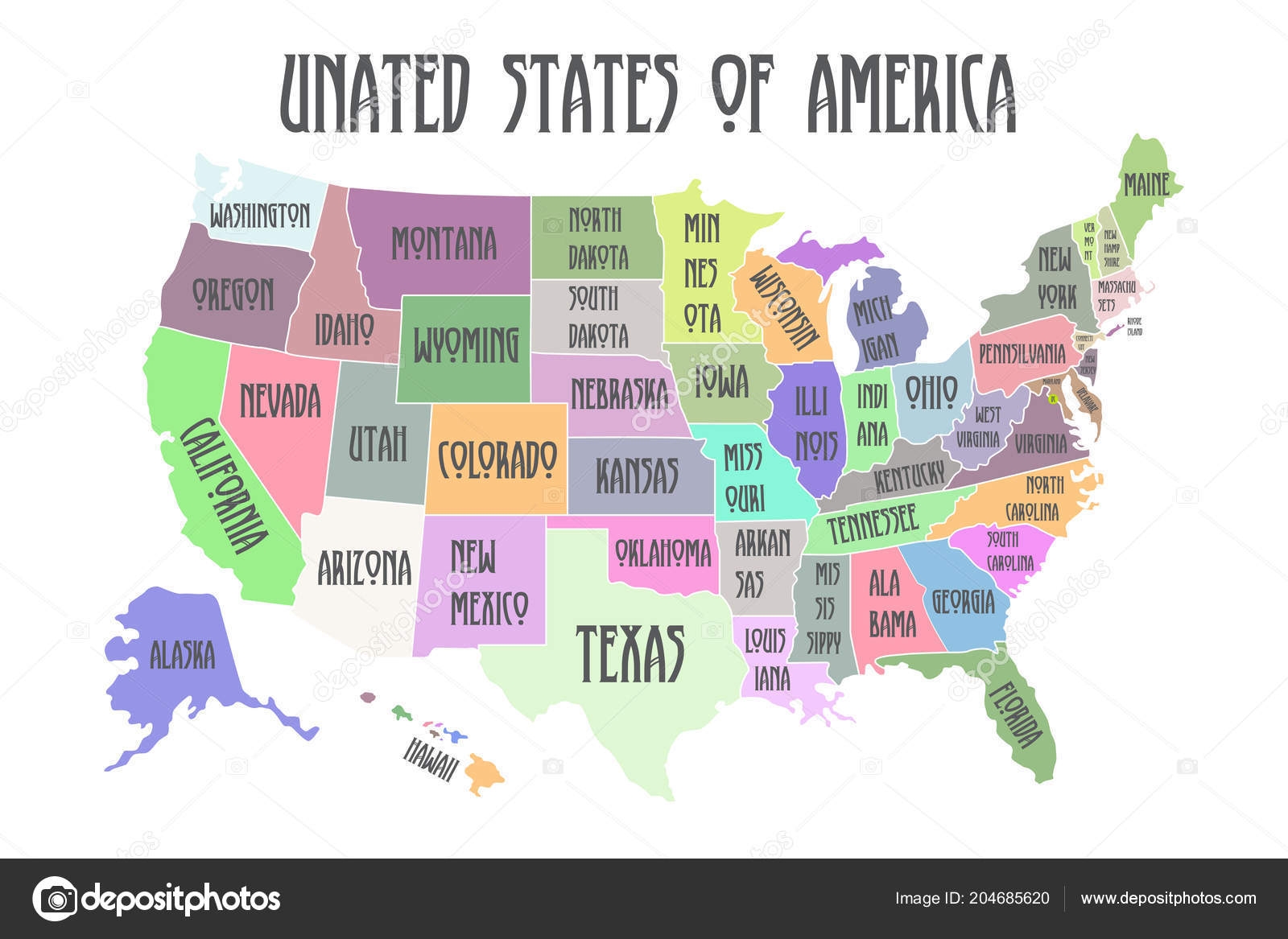 Colored Poster Map Of United States Of America With State Names Stock Vector By klerik78 204685620