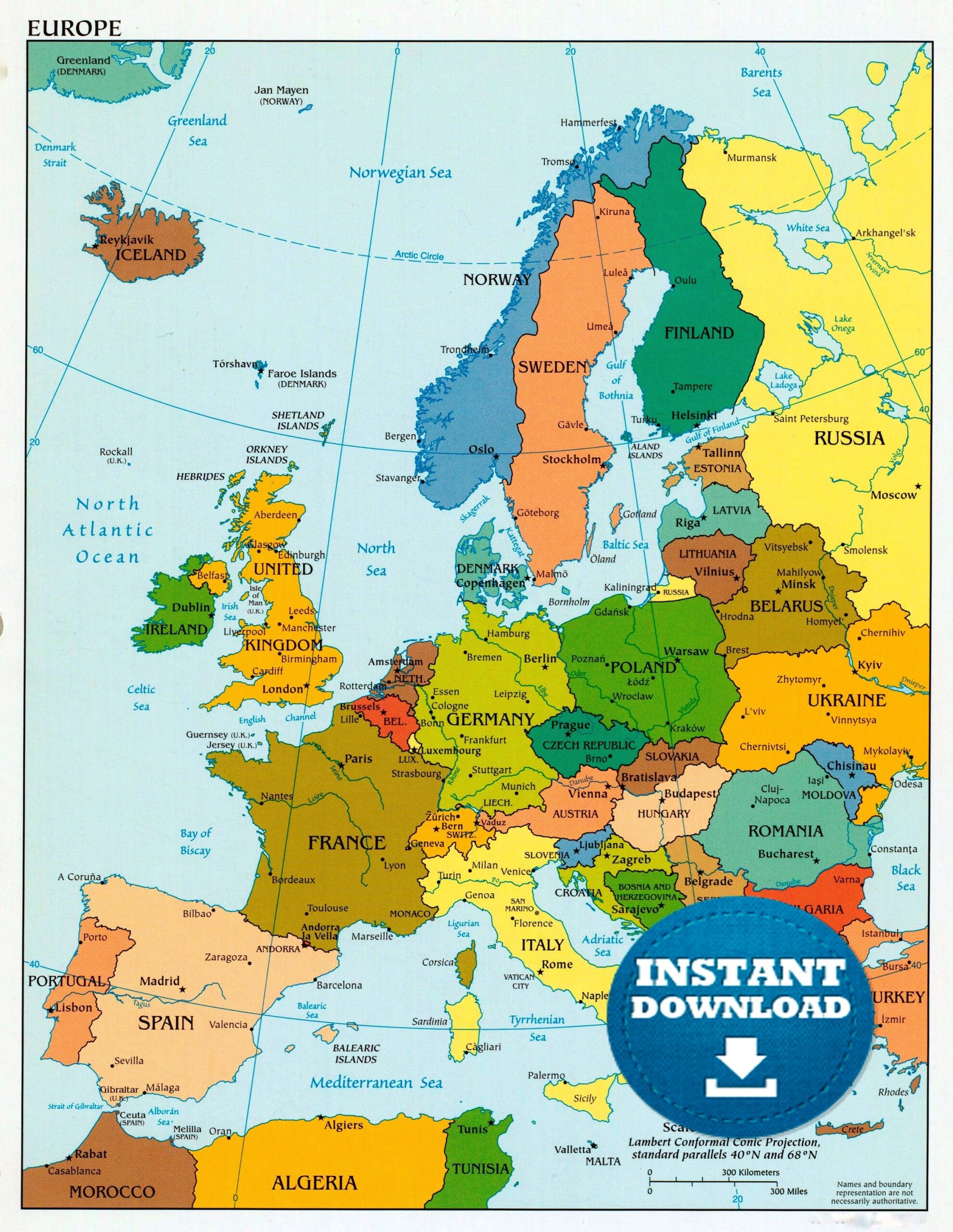 Colorful Political Map Of Europe Printable Digital Download