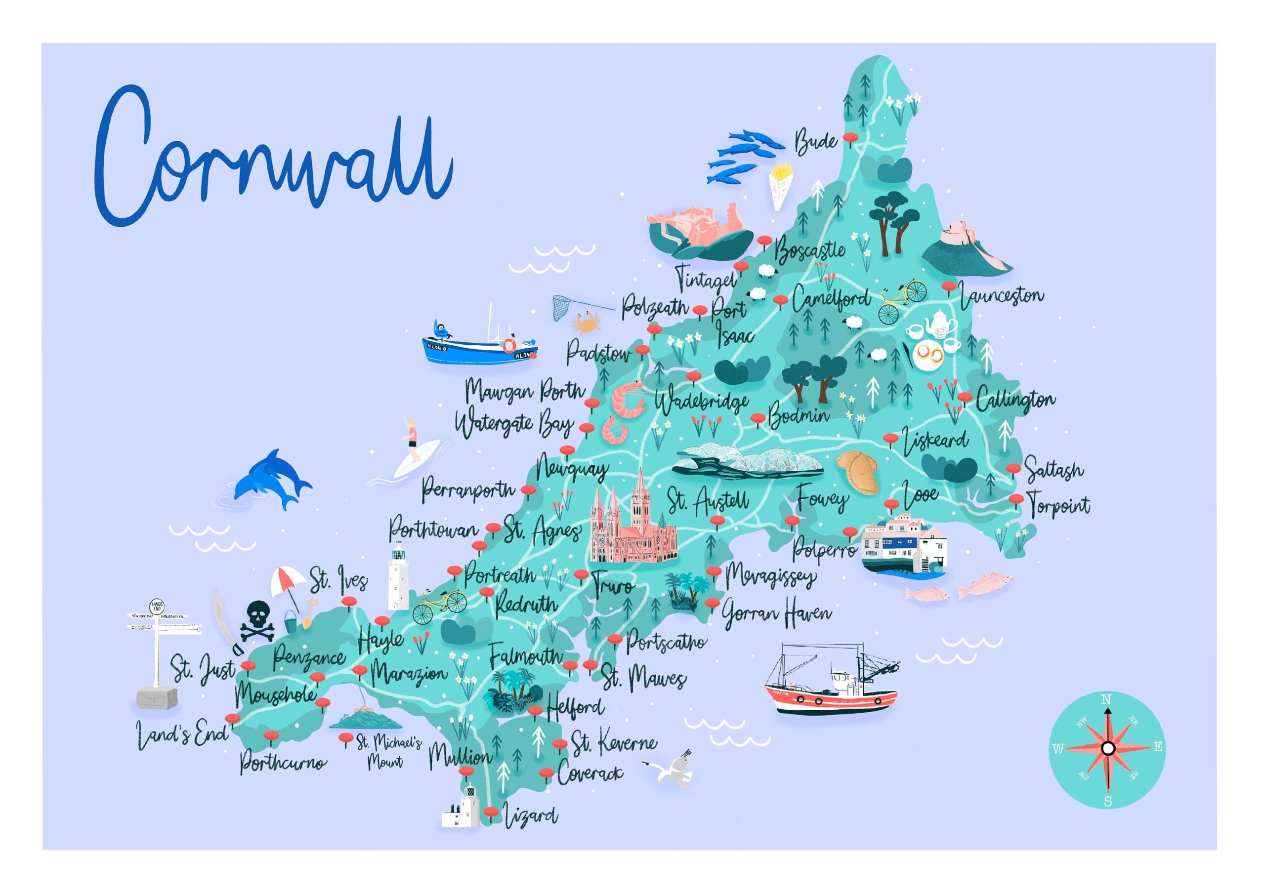 Cornwall Map Art Print Cornwall Travel Print Hand Drawn Map Cornwall Map Cornwall Art Print UK Travel Map Etsy