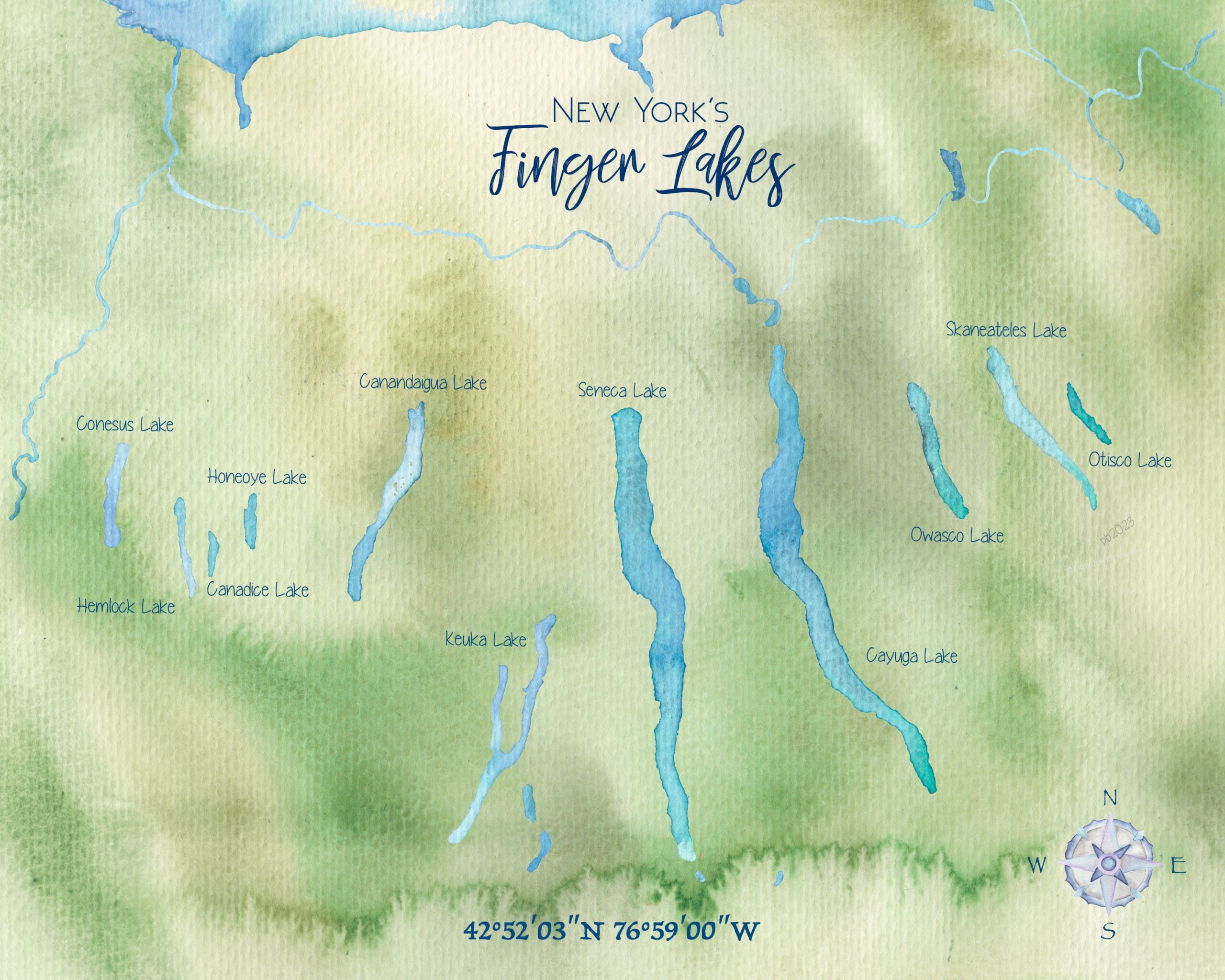 Finger Lakes NY Watercolor Map Etsy