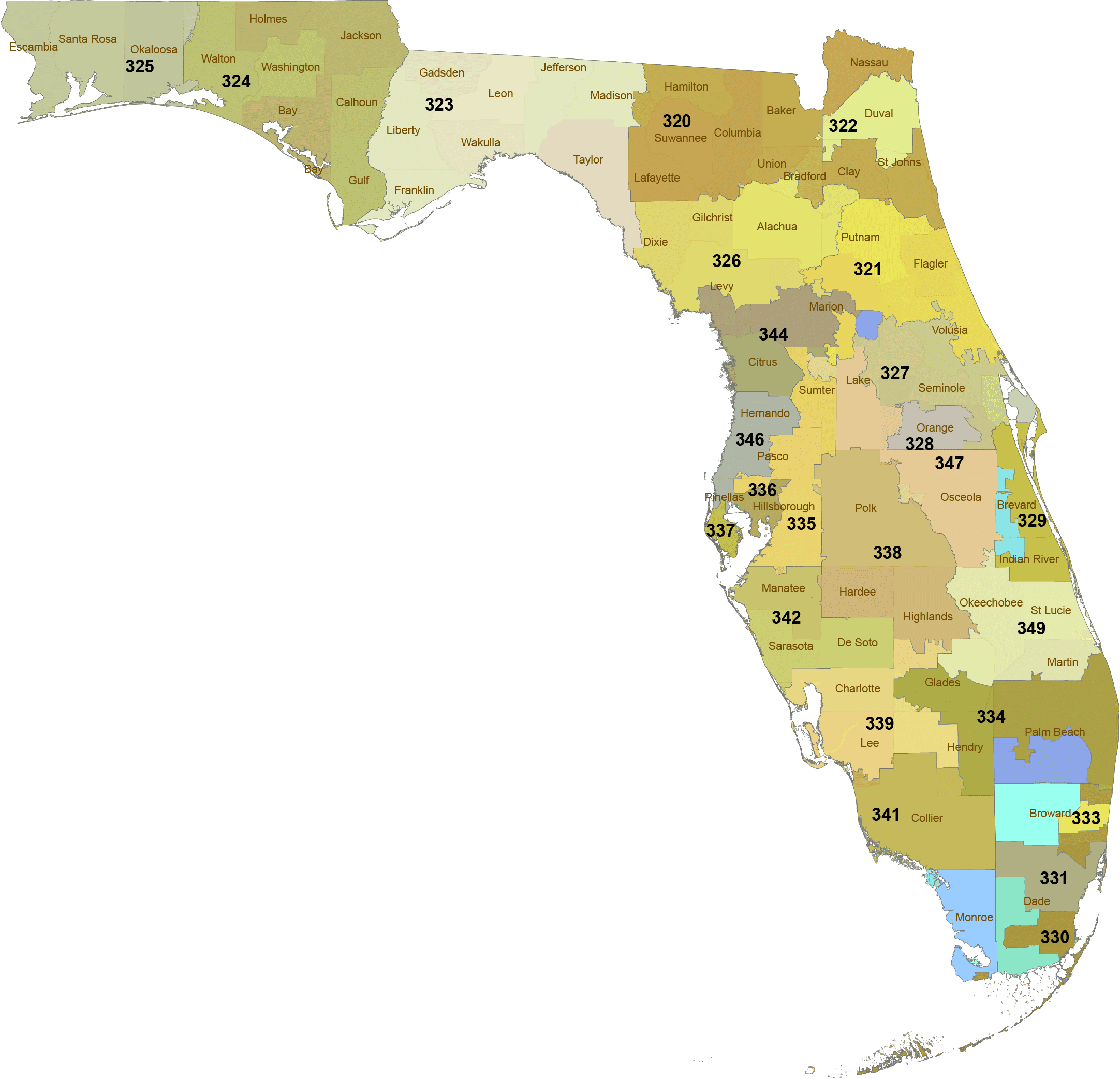 Florida 3 Digit ZIP Code Map With Counties 
