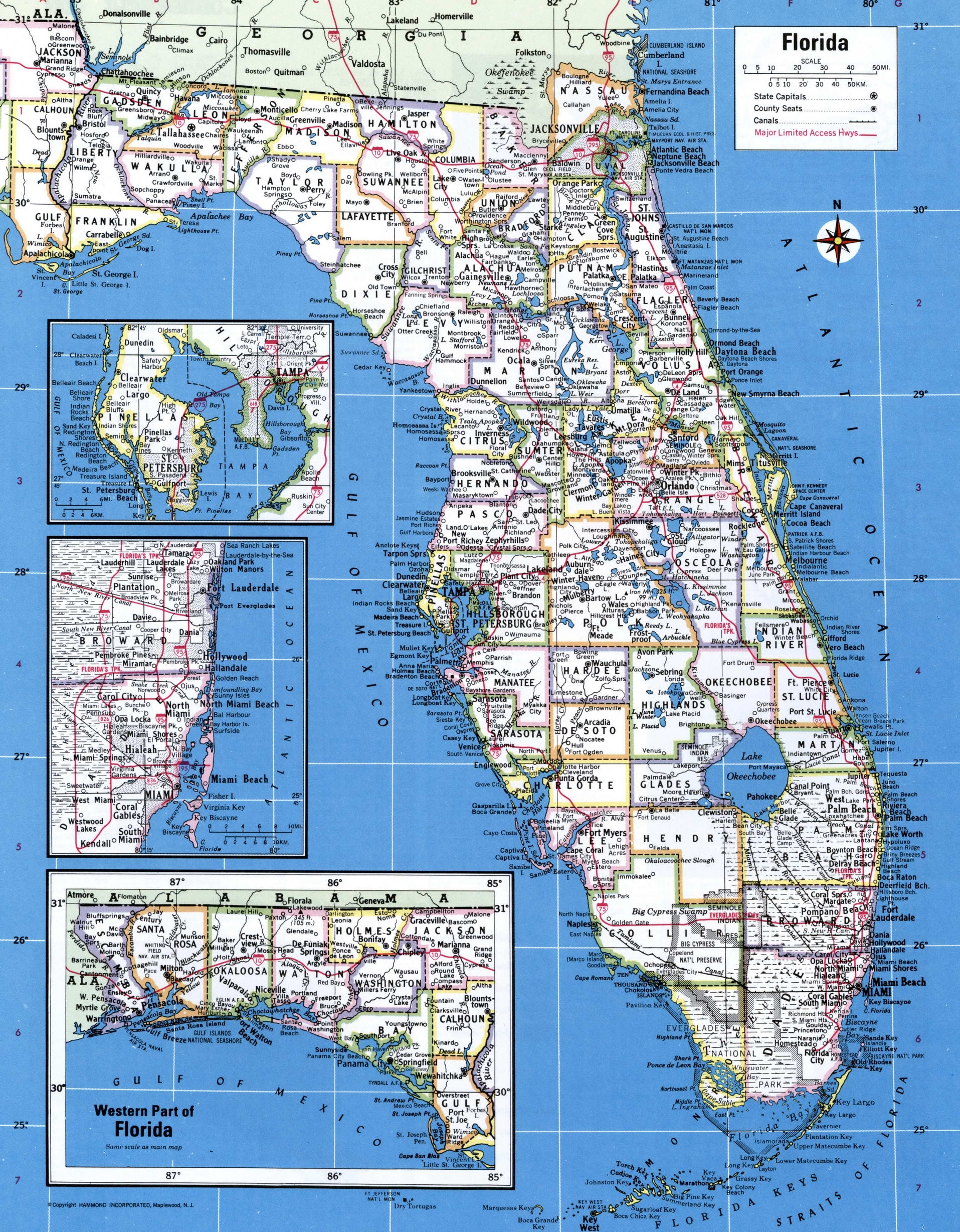 Florida Map Counties Detailed Map Of The Counties Of Florida With Towns And Villages