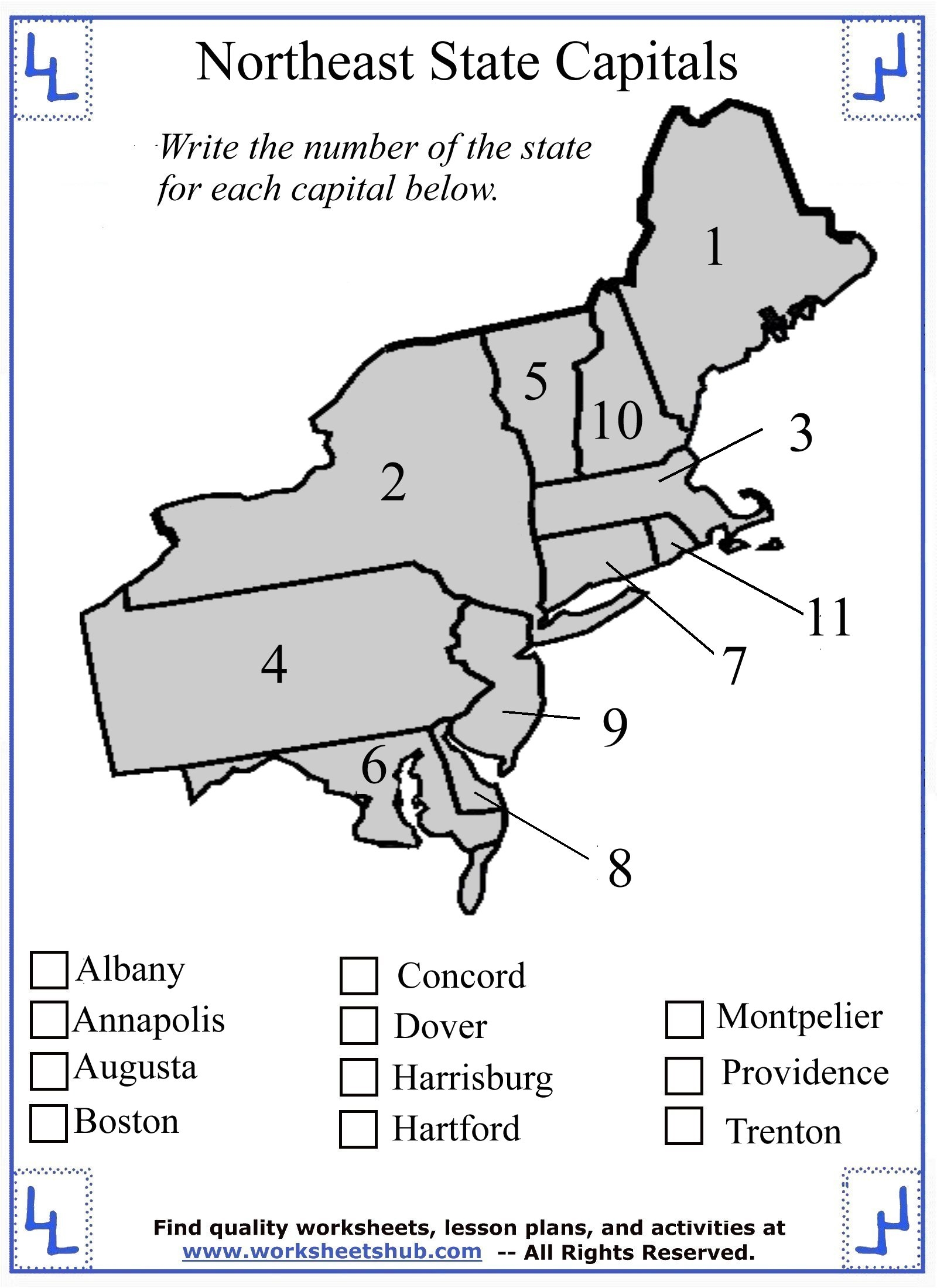 Fourth Grade Social Studies Northeast Region States And Capitals Worksheets Library