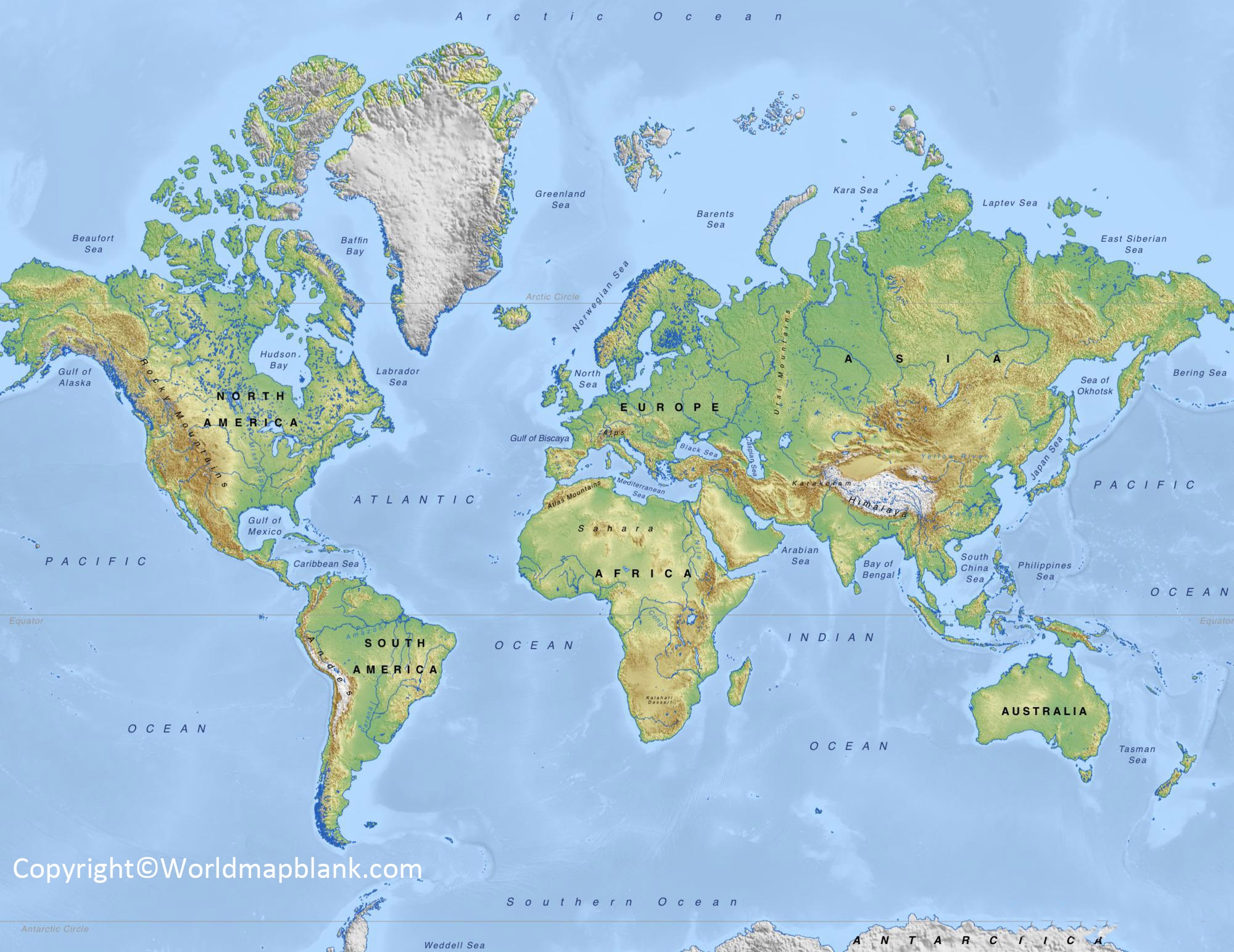 Free Printable Physical World Map Labeled World Map Blank