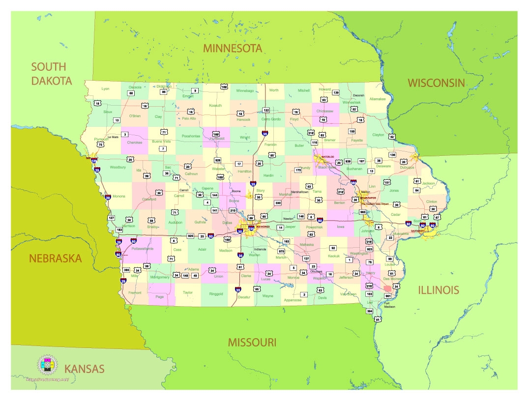 Free Vector Map Of The State Of Iowa USA Main Roads With Numbers Colored Counties With Names Maps In Vector Detailed Street Maps Illustrator PDF CorelDRAW EPS DWG DXF Free Vector Map Of The State Of Iowa USA Main Roads With Numbers Colored Counties With Names Maps In Vector Detailed Street Maps Illustrator PDF CorelDRAW EPS DWG DXF