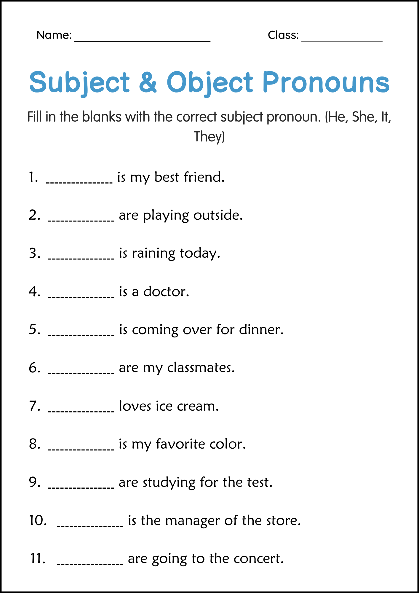 Grammar Subject And Object Pronouns Activity Worksheets For Grade 1 2 3 Made By Teachers