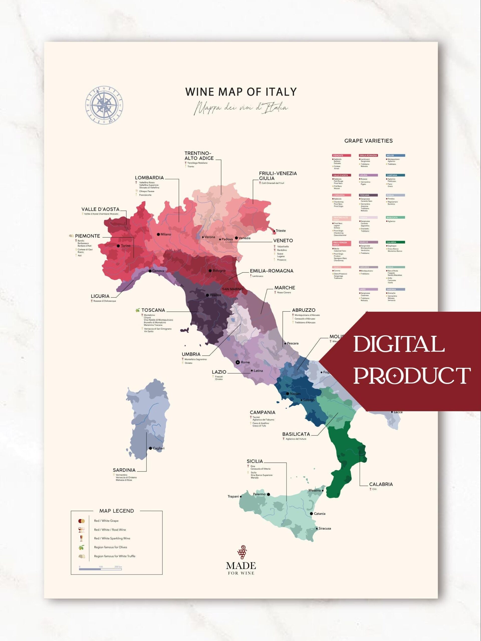 Italian Wine Map Regions Appellations Art digital Product Etsy Israel