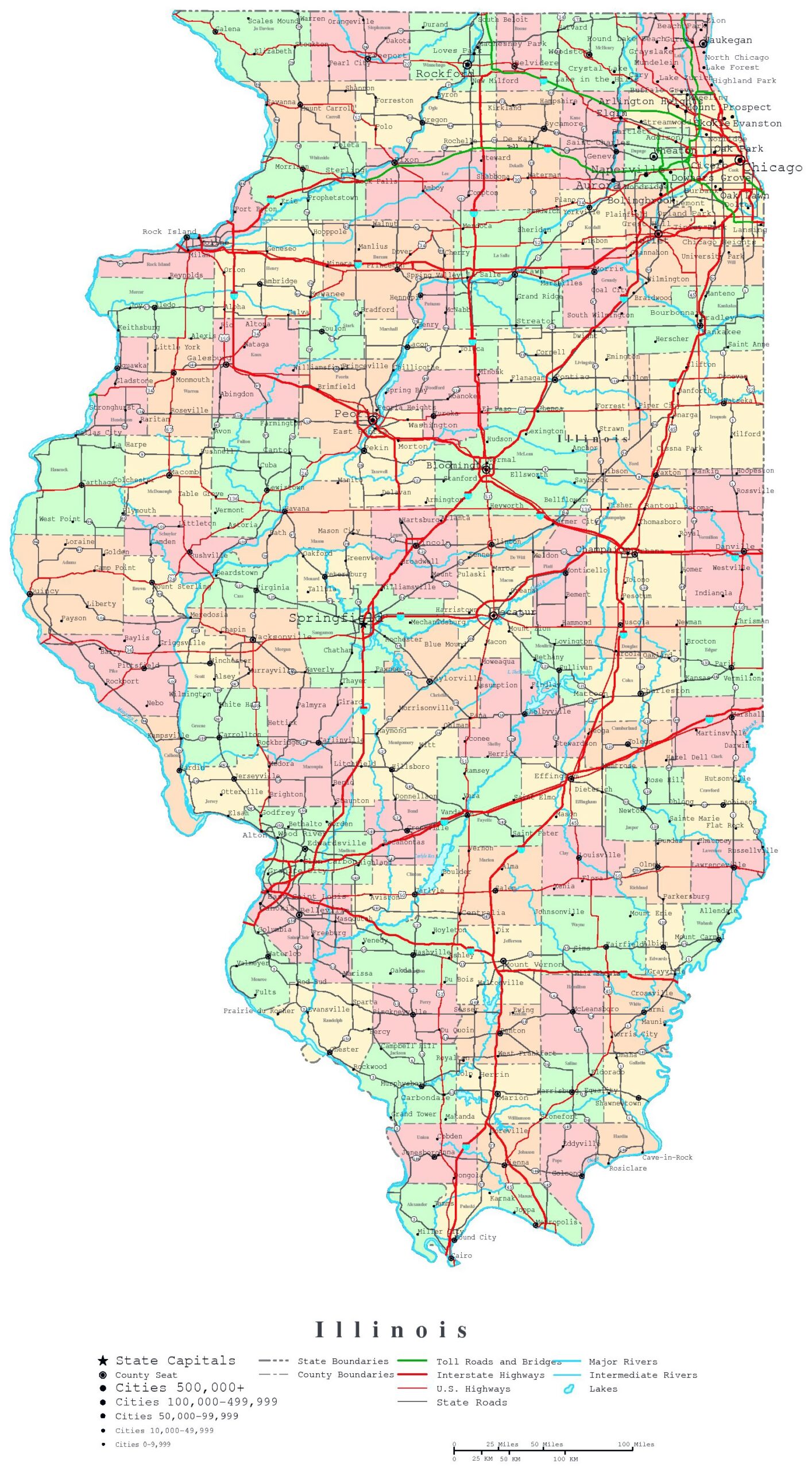 Large Detailed Administrative Map Of Illinois State With Roads And Highways Vidiani Maps Of All Countries In One Place