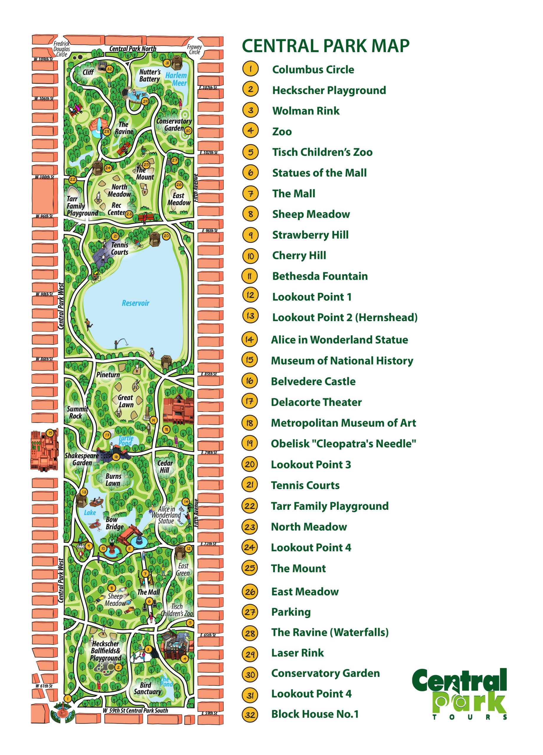 Large Detailed Map Of Attractions In Central Park NY City New York USA United States Of America North America Mapsland Maps Of The World