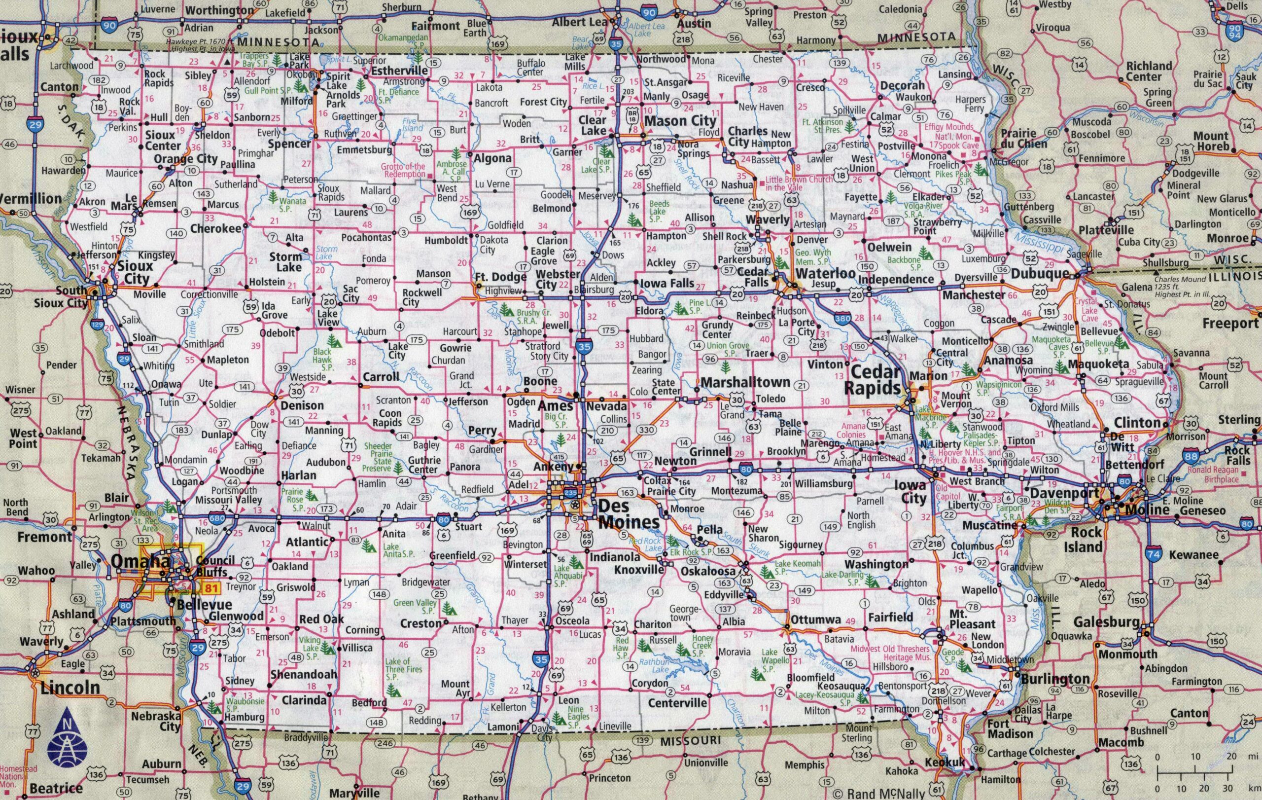 Large Detailed Roads And Highways Map Of Iowa State With Cities Vidiani Maps Of All Countries In One Place