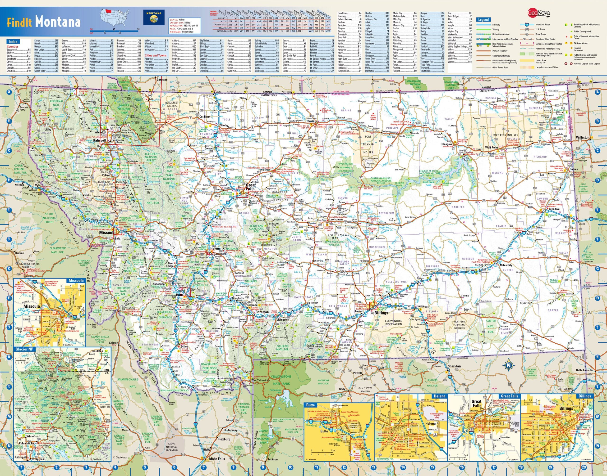 Large Detailed Roads And Highways Map Of Montana State With National Parks And All Cities Vidiani Maps Of All Countries In One Place