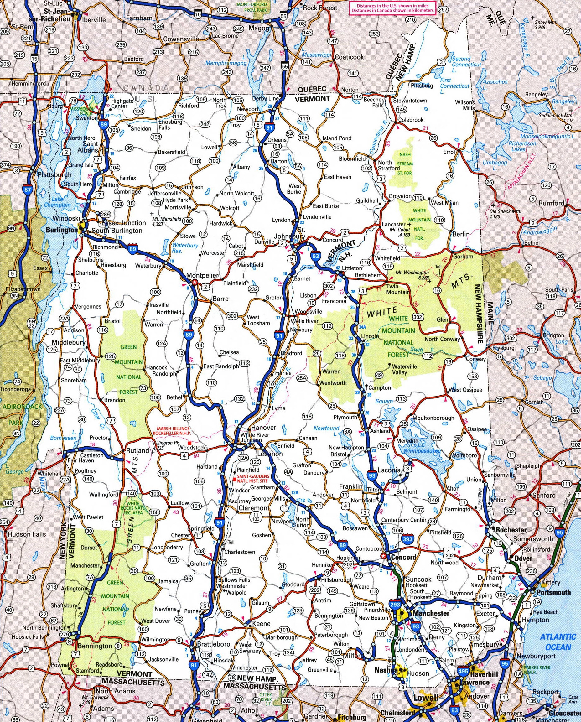 Large Detailed Roads And Highways Map Of New Hampshire State With National Parks And Cities Vidiani Maps Of All Countries In One Place