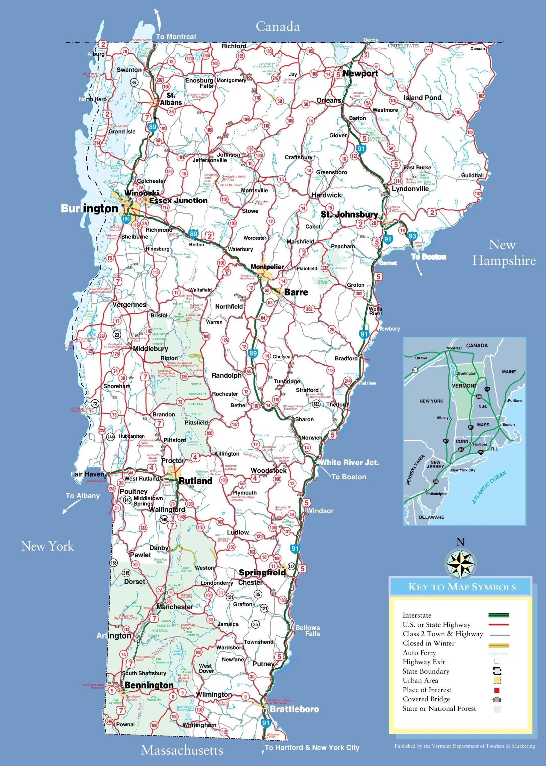 Large Detailed Tourist Map Of Vermont With Cities And Towns Ontheworldmap