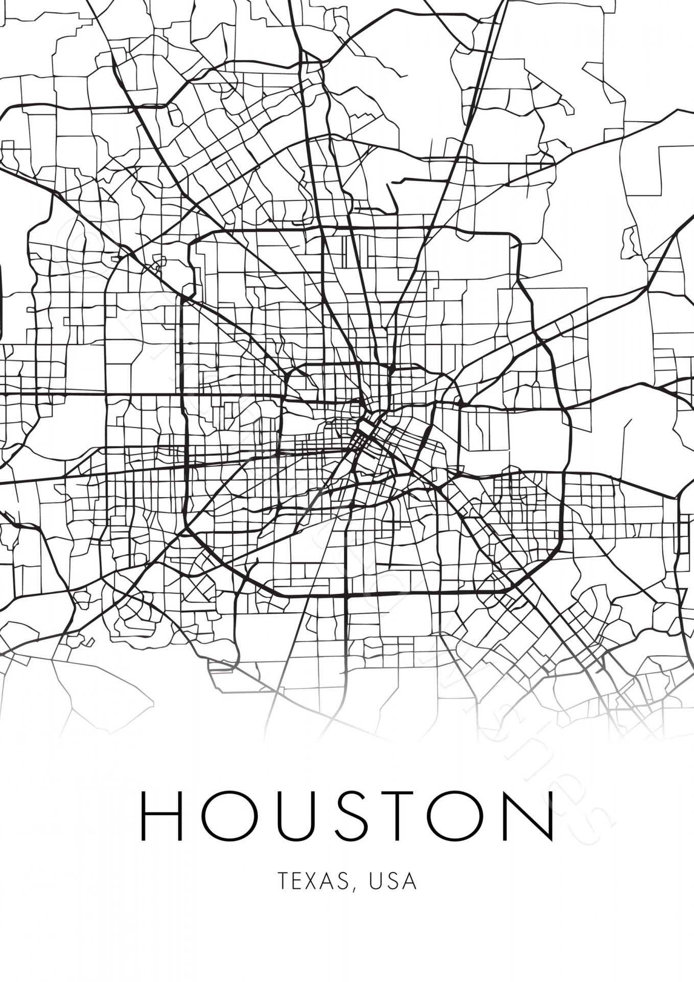 Large Houston City Map Print Wall Art Printable Prints