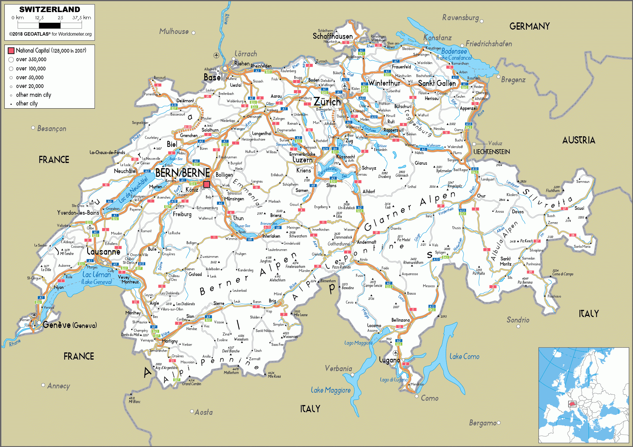 Large Size Road Map Of Switzerland Worldometer