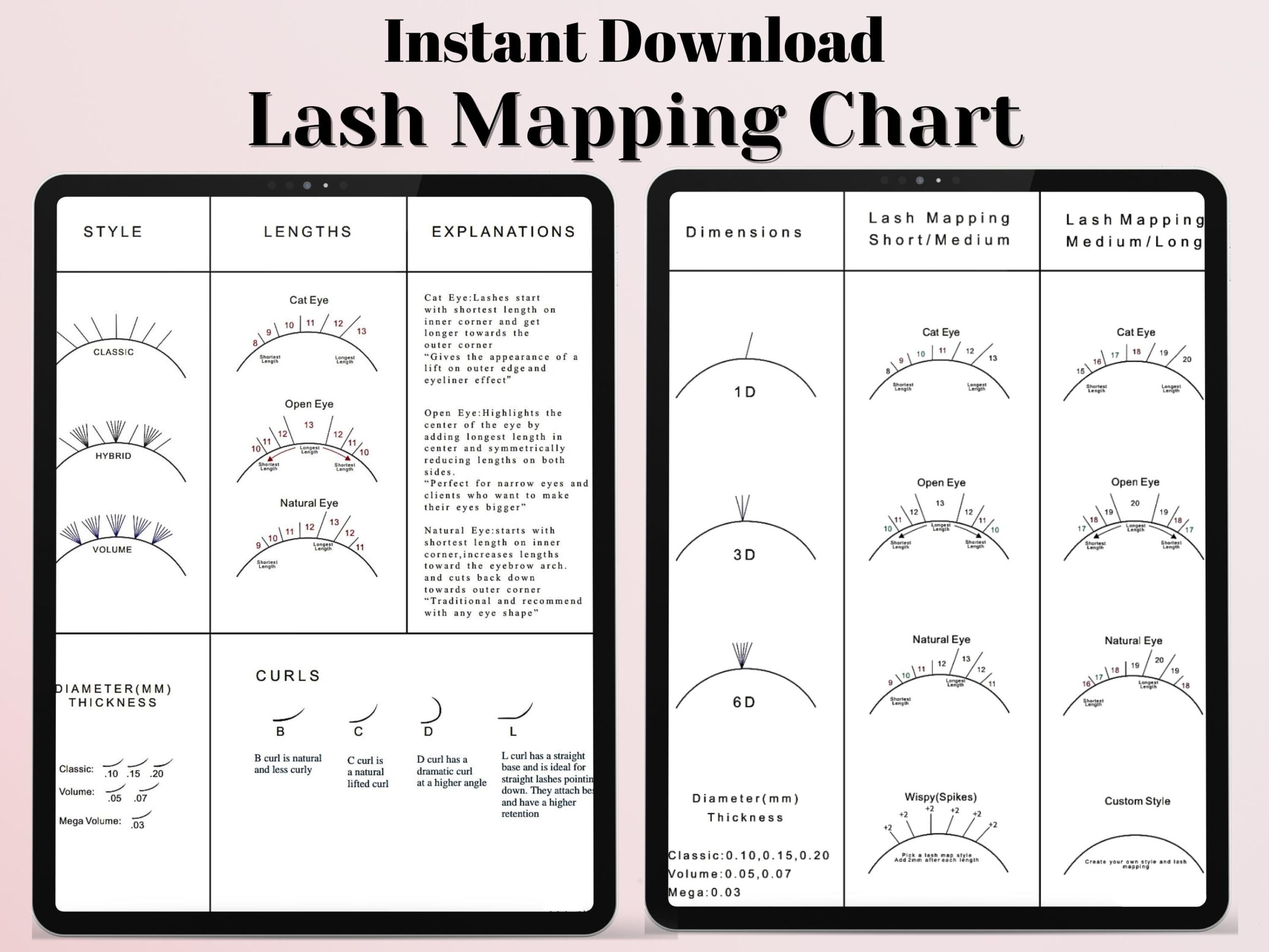 Lash Mapping Practice Chart For Beginners Lash Training Kit Eyelash Extension Curl And Diameter Style Sheet Etsy