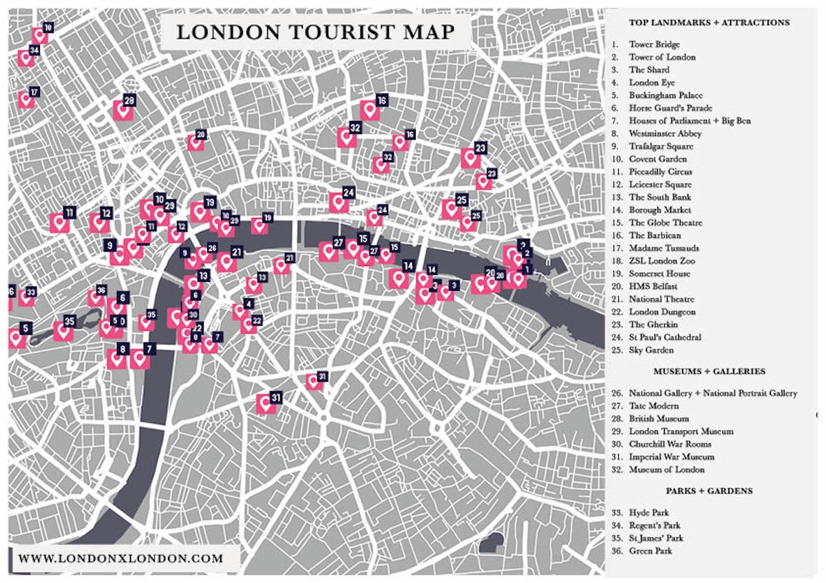 London Attractions Tourist Map Interactive Printable London X London
