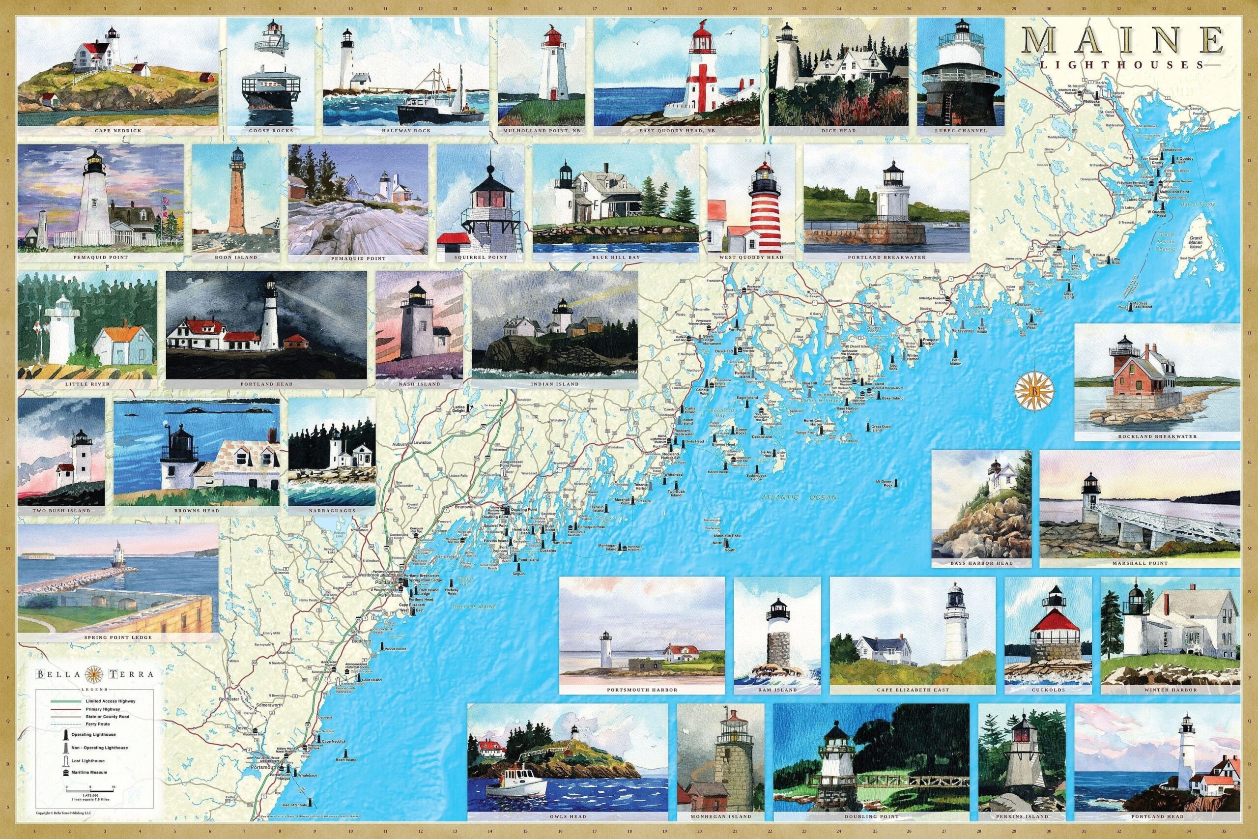 Maine Lighthouses Illustrated Map Poster Beautiful Watercolor Paintings Of 35 Lights No glare Lamination 24 High X 36 Wide Etsy Israel