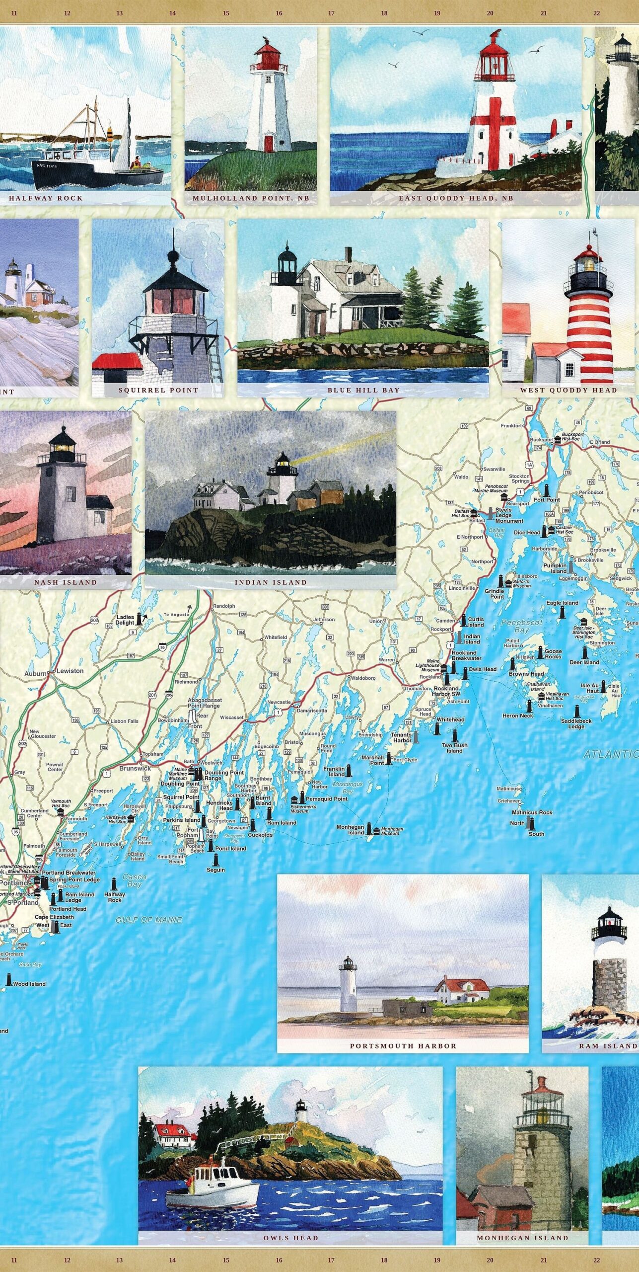 Maine Lighthouses Illustrated Map Poster Beautiful Watercolor Paintings Of 35 Lights No glare Lamination 24 High X 36 Wide Etsy Norway