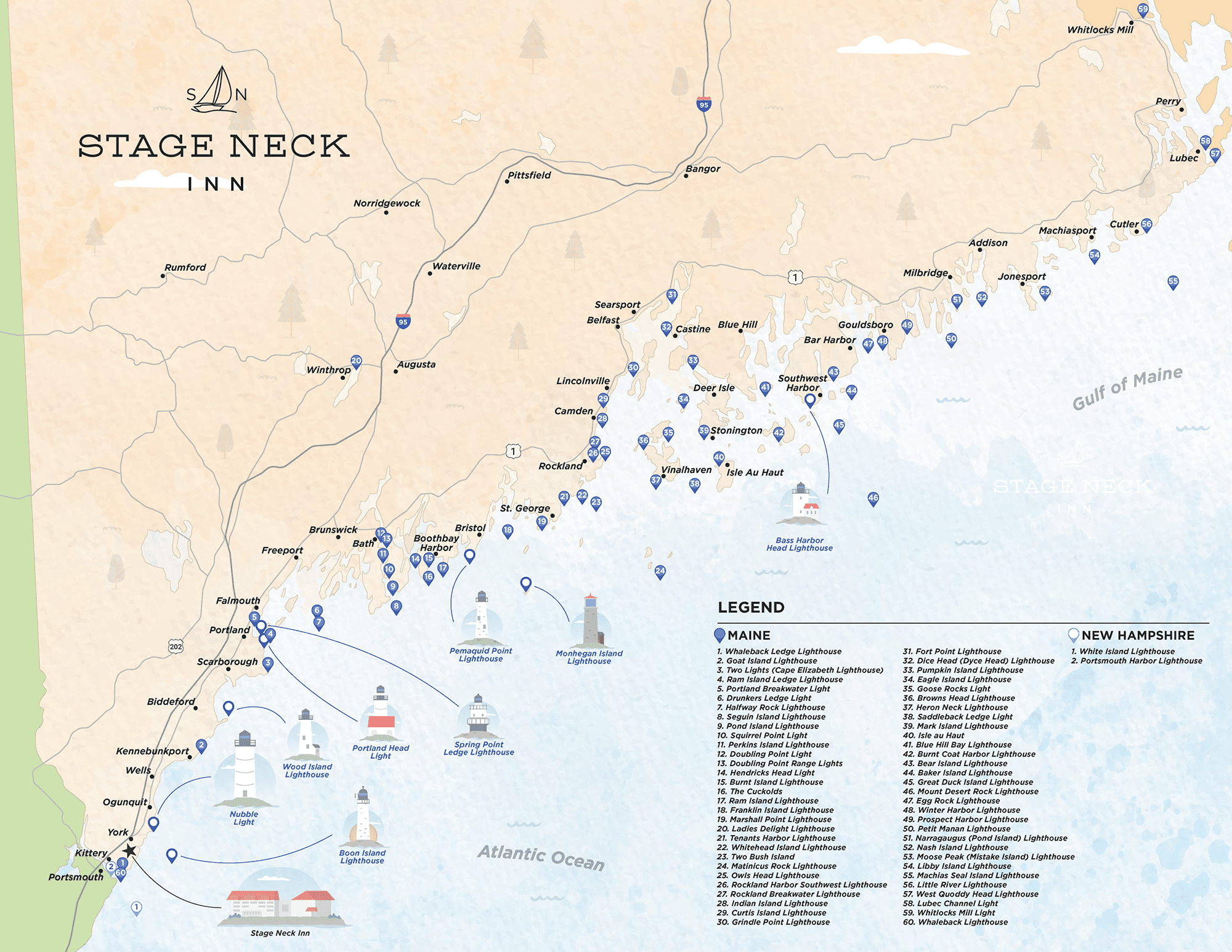 Maine Lighthouses Map Stage Neck Inn