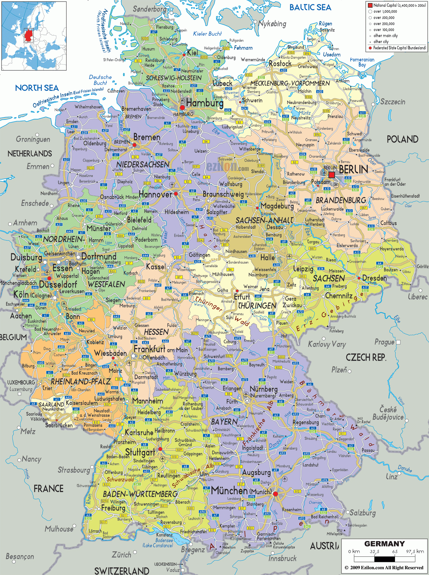 Map Of Germany With Cities And States Full Guide To Capitals Borders And Regions Ezilon Maps