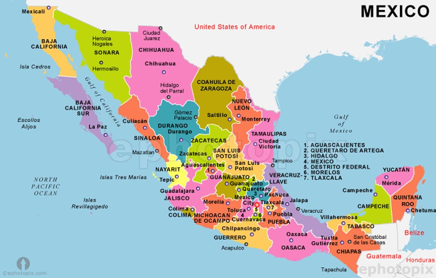 Map Of Mexico States And Capitals Mexico Map With States And Capitals Central America Americas 