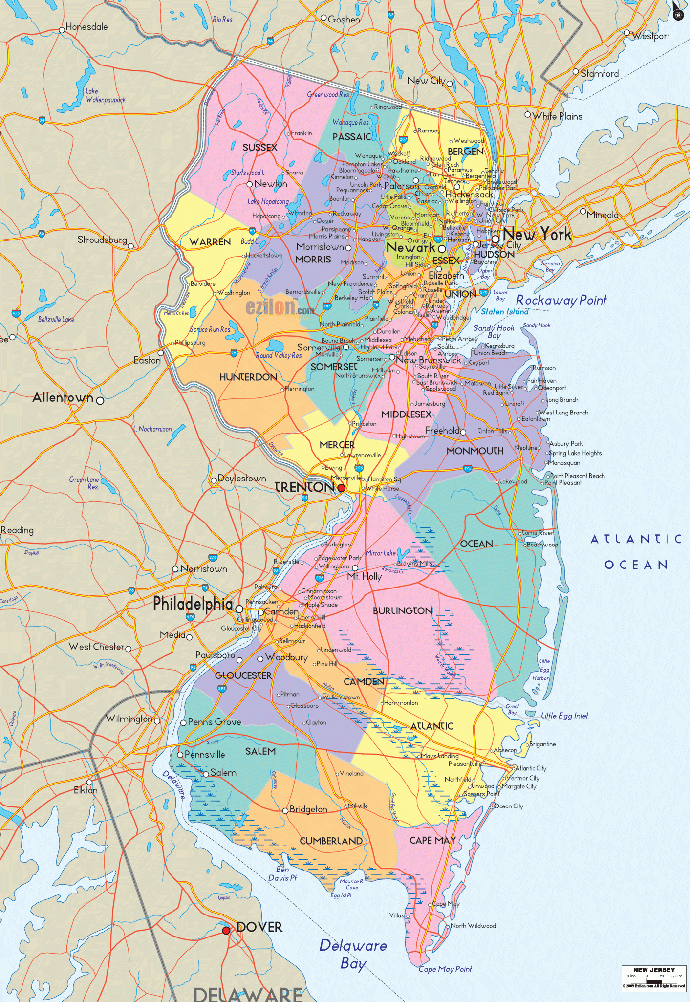 Map Of New Jersey Detailed New Jersey Map With Cities Counties And Roads Ezilon Maps