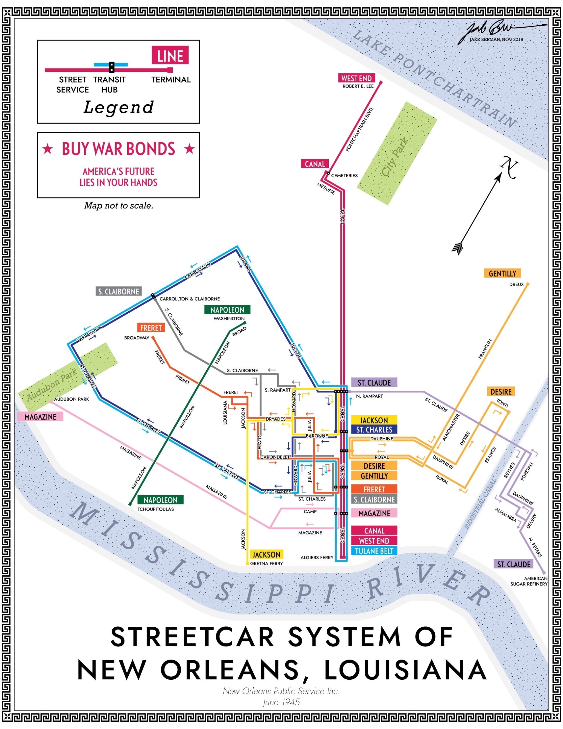New Orleans Streetcar System Map Print 1945 Etsy Israel