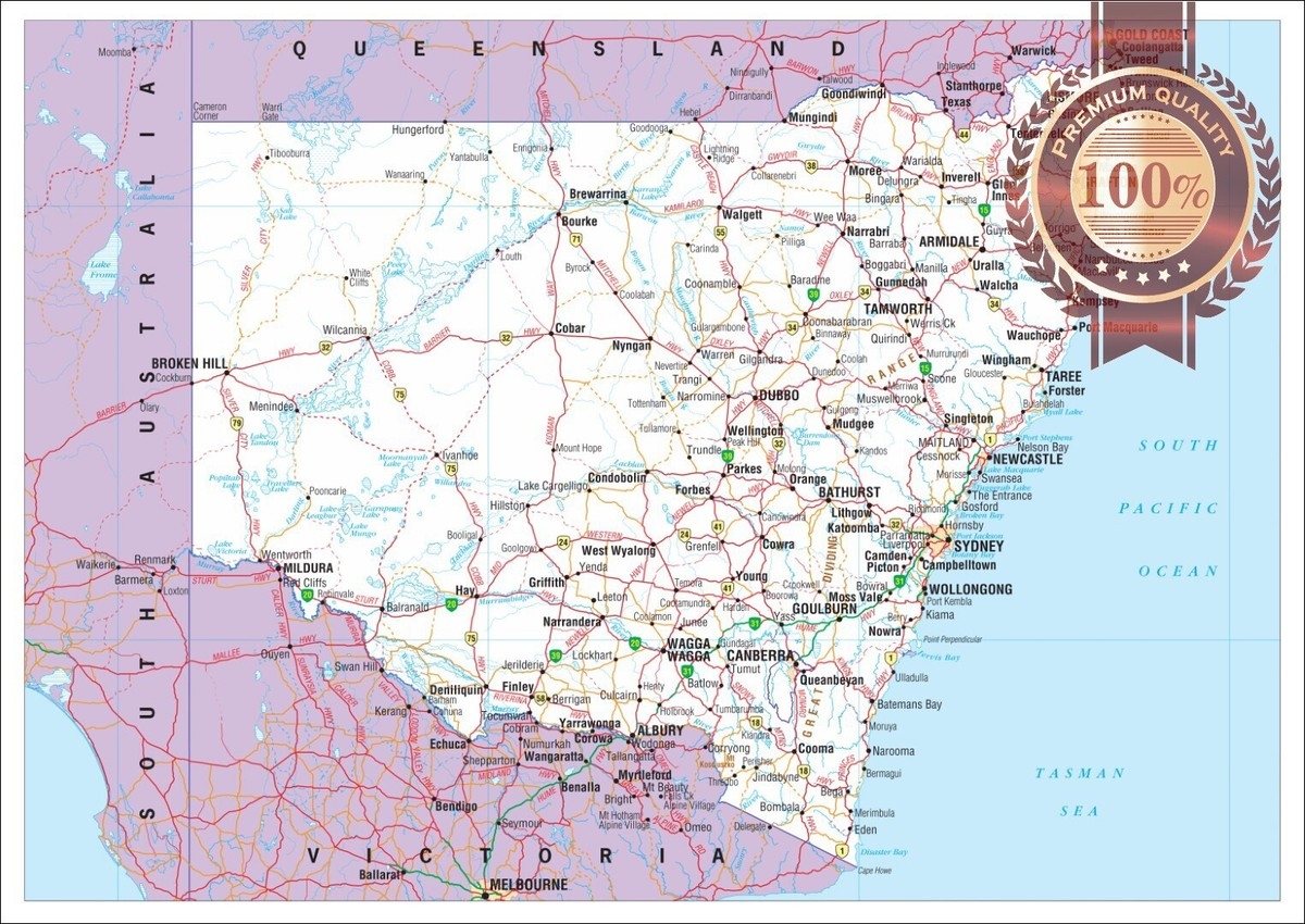 NEW SOUTH WALES STATE ROADS AUSTRALIA MAP OF NSW WALL CHART PRINT PREMIUM POSTER EBay