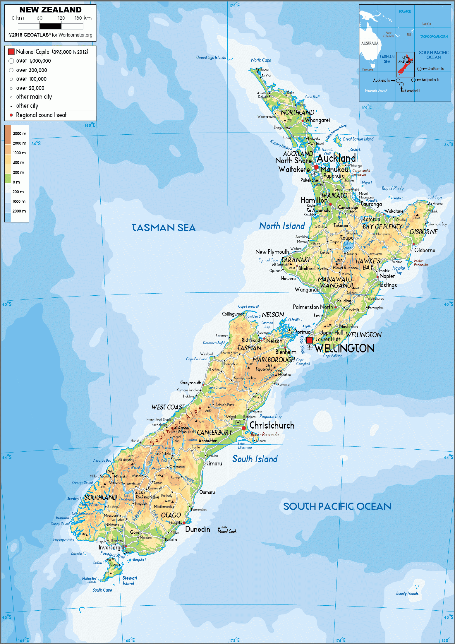 New Zealand Map Physical Worldometer