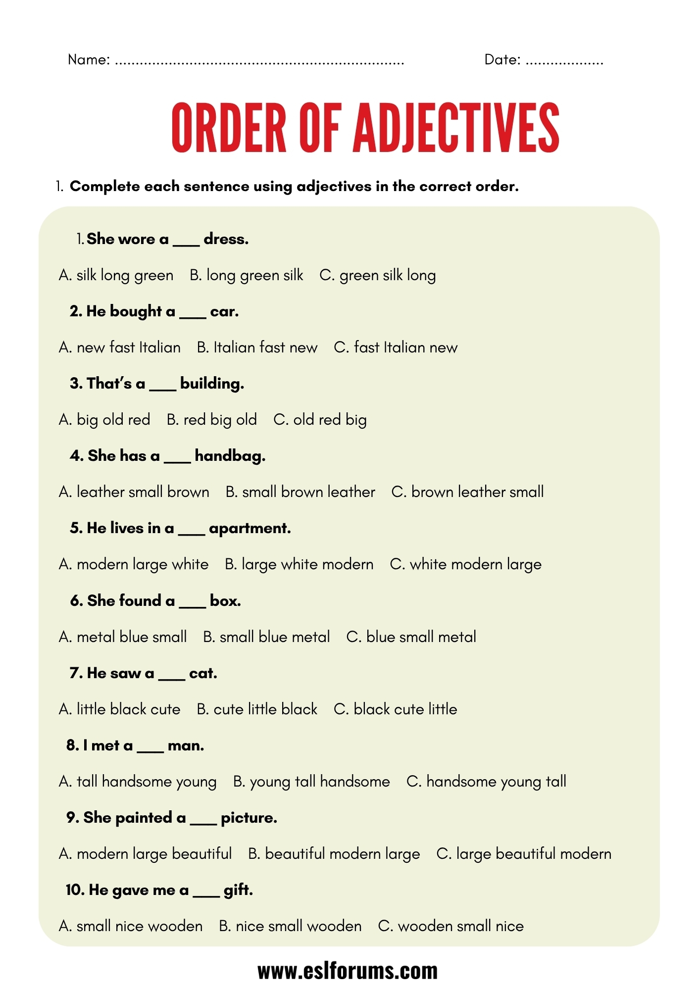 Order Of Adjectives Worksheets And Exercises ESL Forums